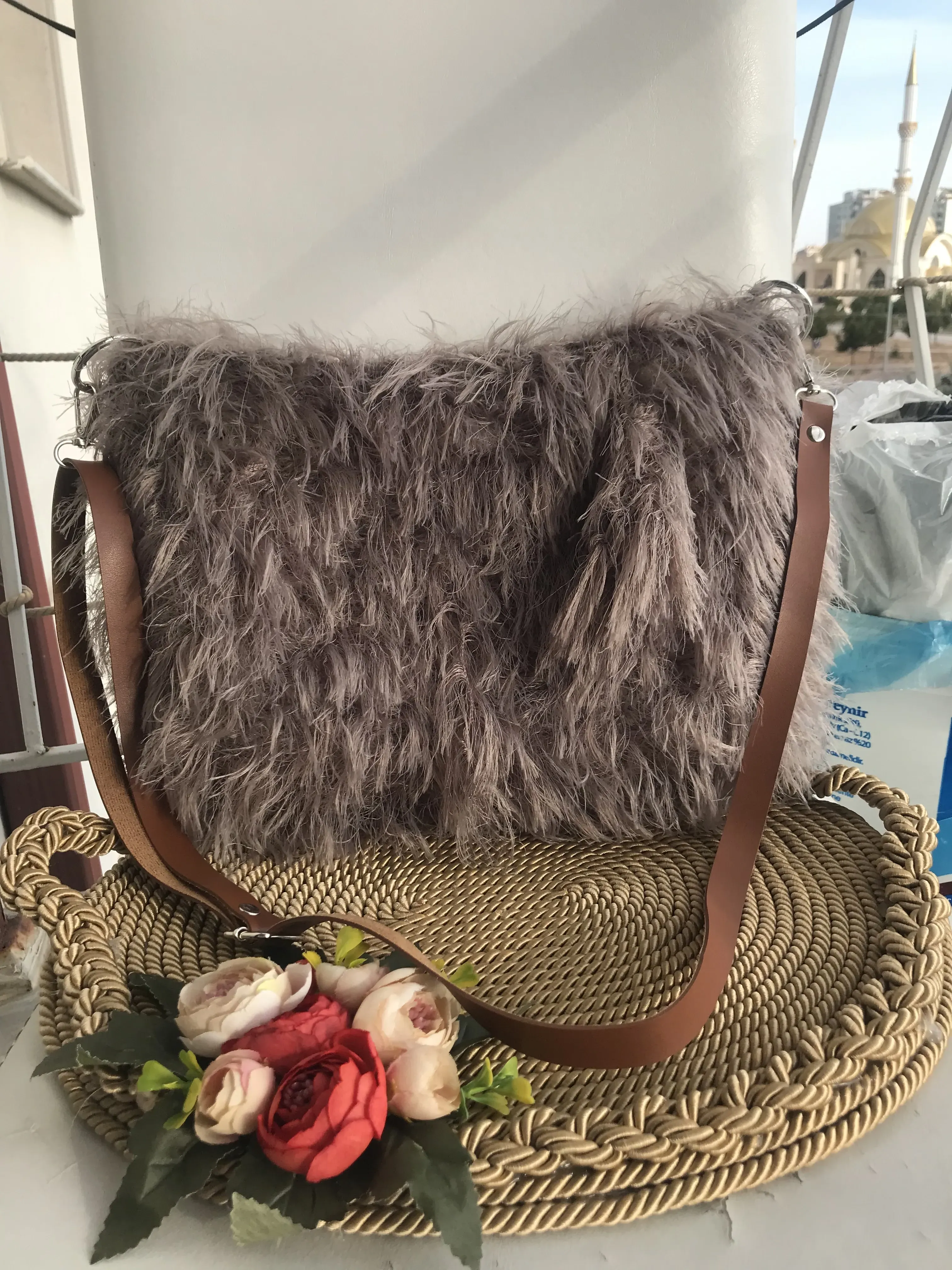 Faux Fur Yarn Large Canvas Bag