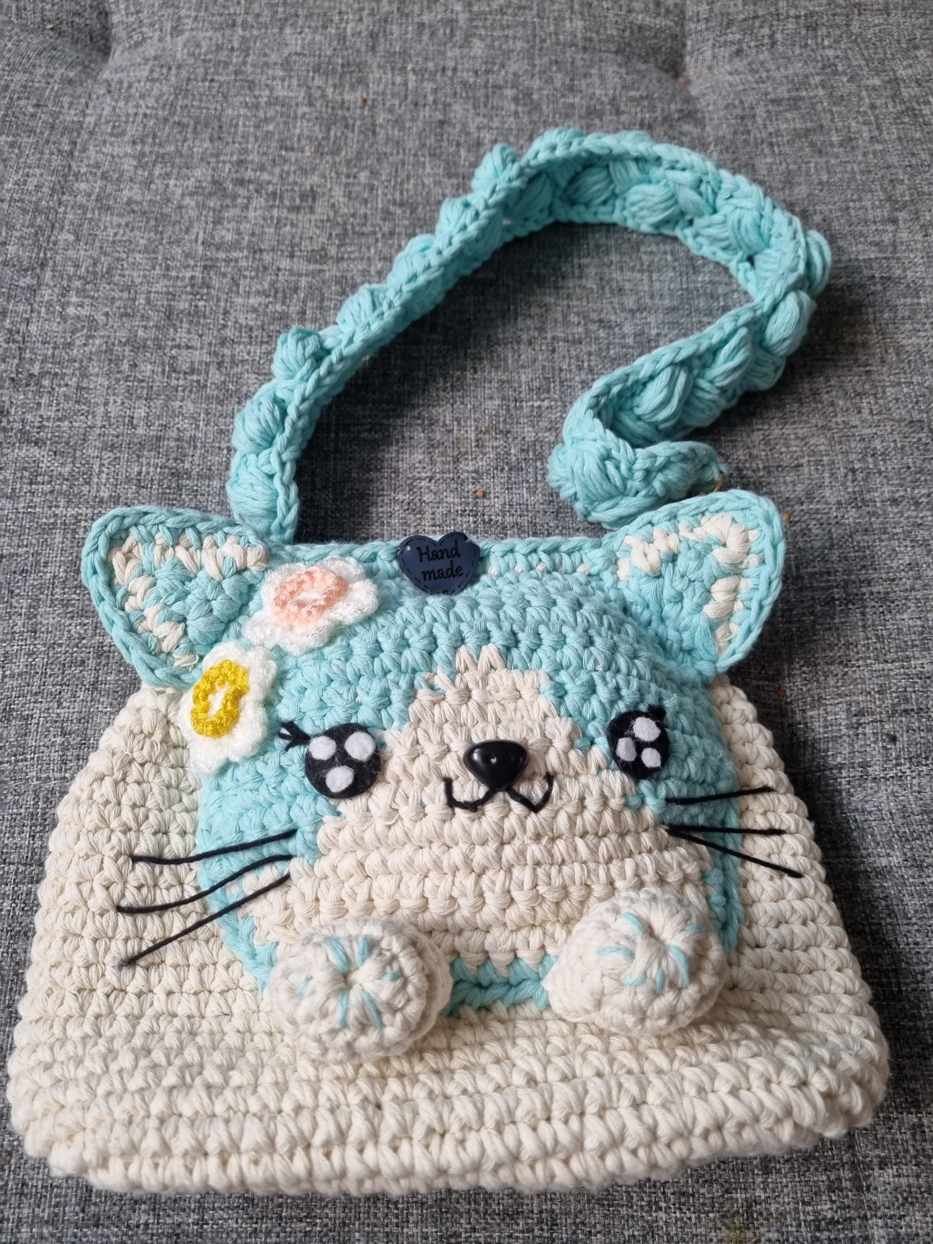 Kız Çocuklar için Örgü Kedi Figürlü Mıknatıslı Pamuk Çanta - El Emeği