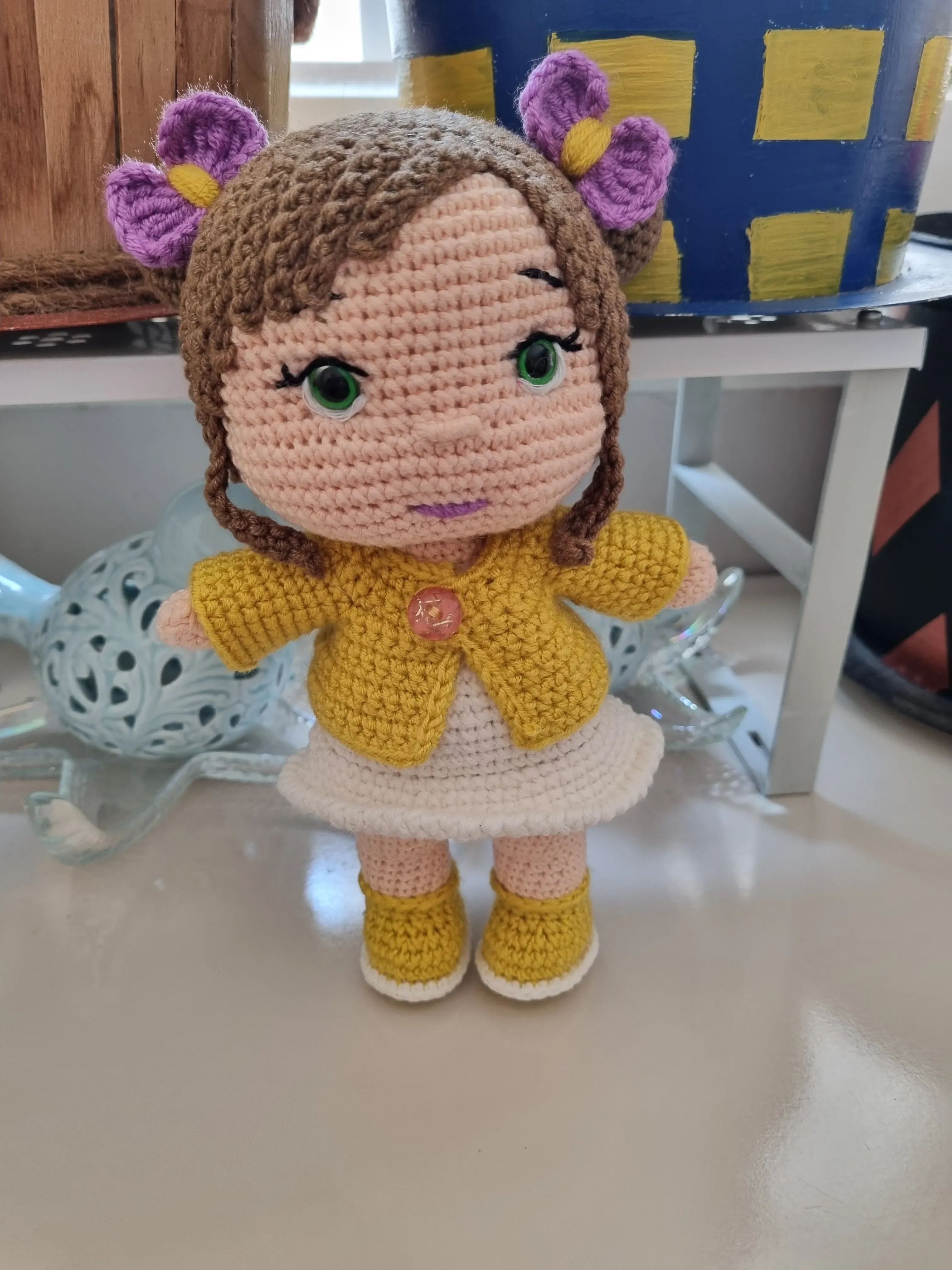 24 cm Yeşil Gözlü Aykız Amigurumi Oyuncak Bebek - El Örmesi
