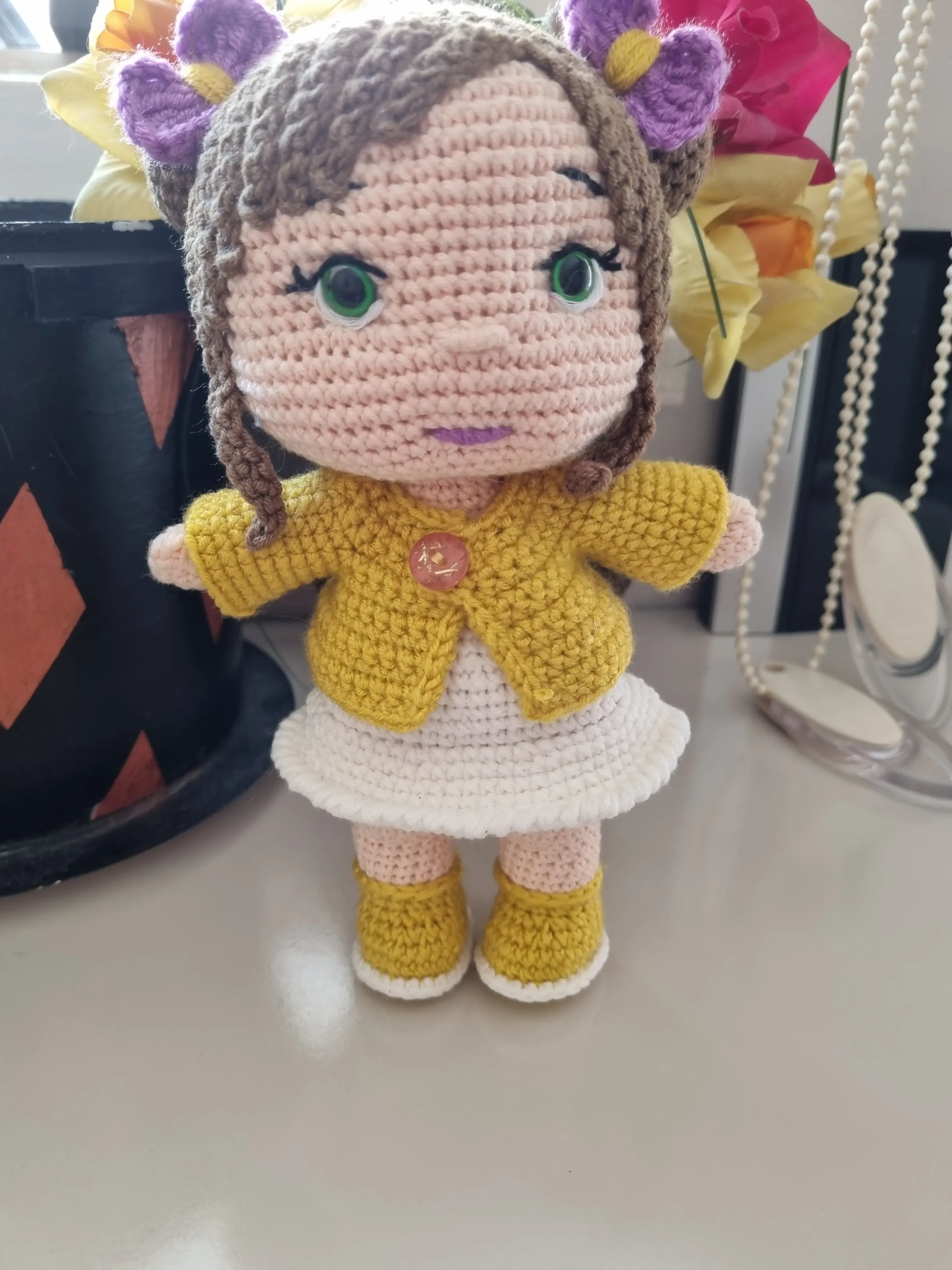 24 cm Yeşil Gözlü Aykız Amigurumi Oyuncak Bebek - El Örmesi