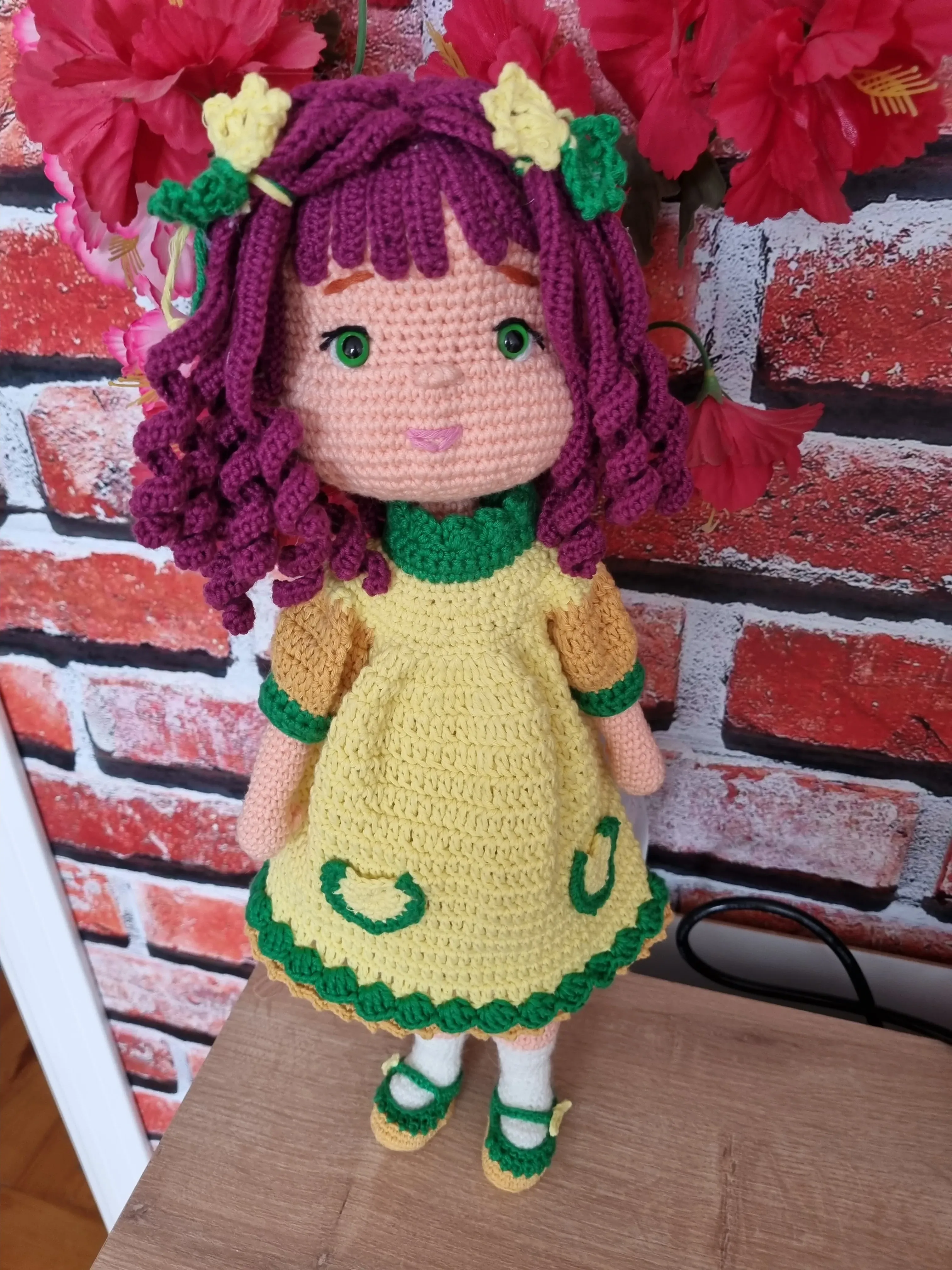 40 cm Amigurumi Ecem Bebek - Menekşe Saçlı, Çıkarılabilir Elbiseli