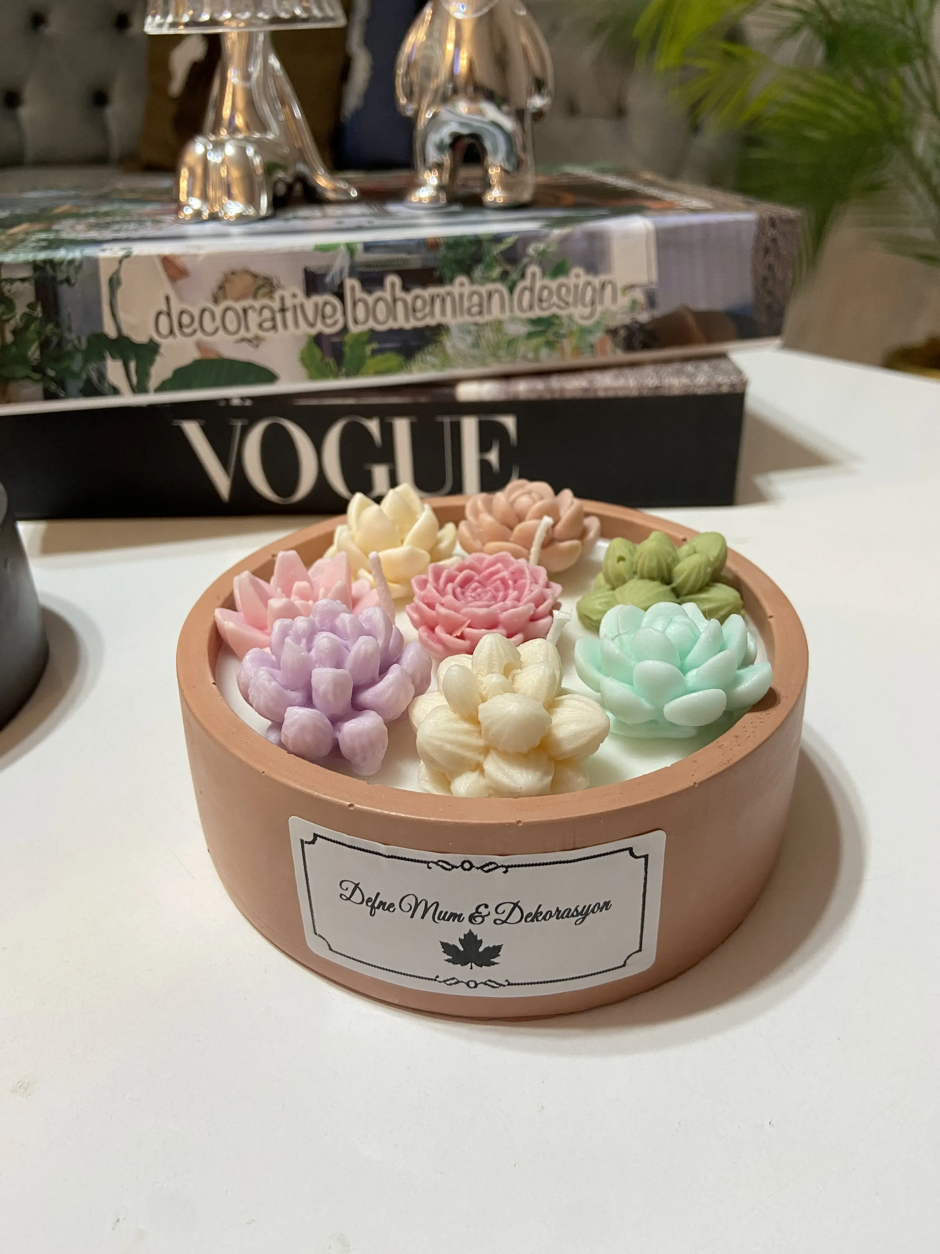 Pastel Renkli Sukulent Bahçesi Mum - Çiçek Bahçesi Kokulu
