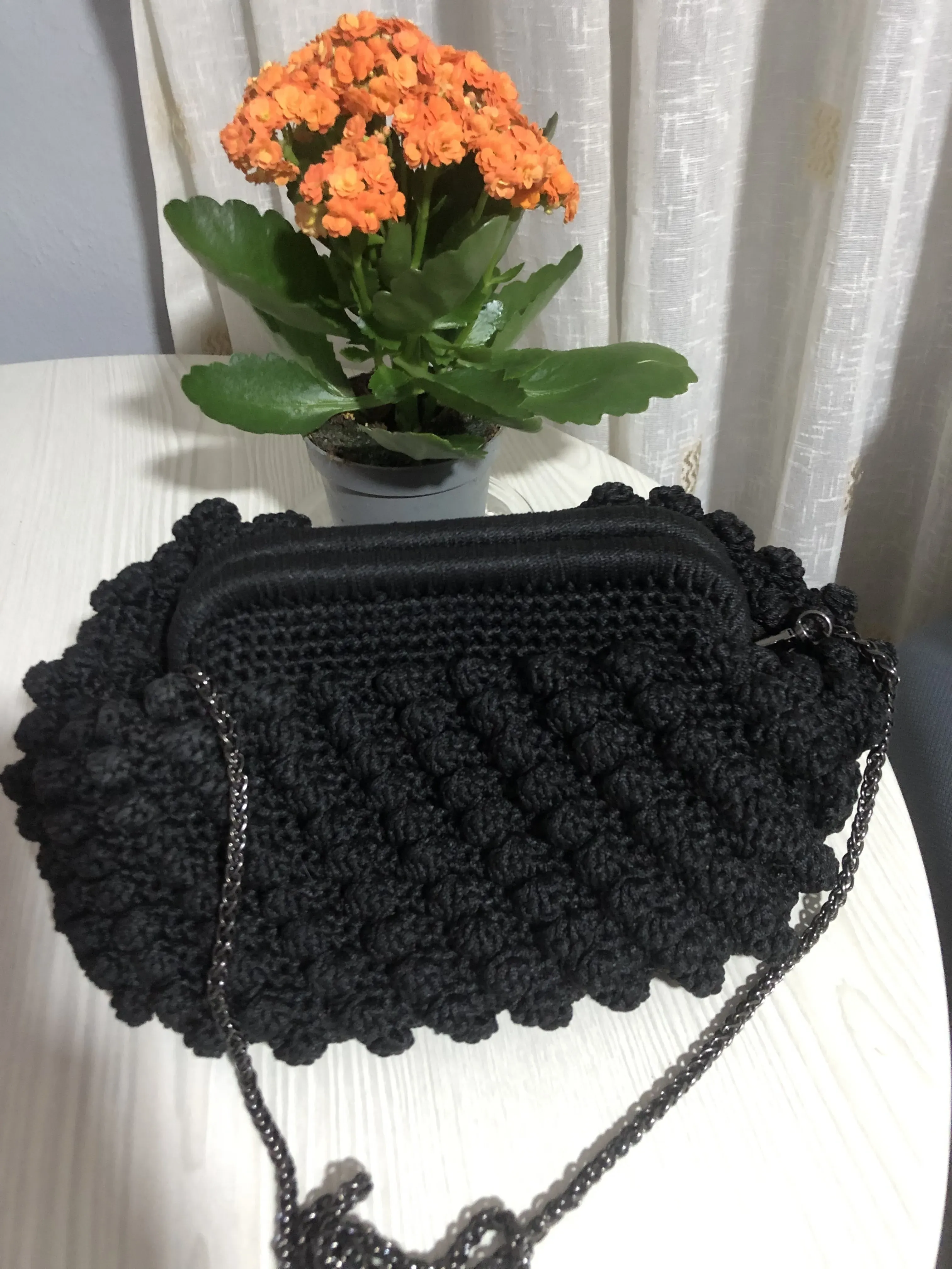 Siyah Makrome İp Örgü Zincir Askılı Gizli Burs Çanta - El Emeği