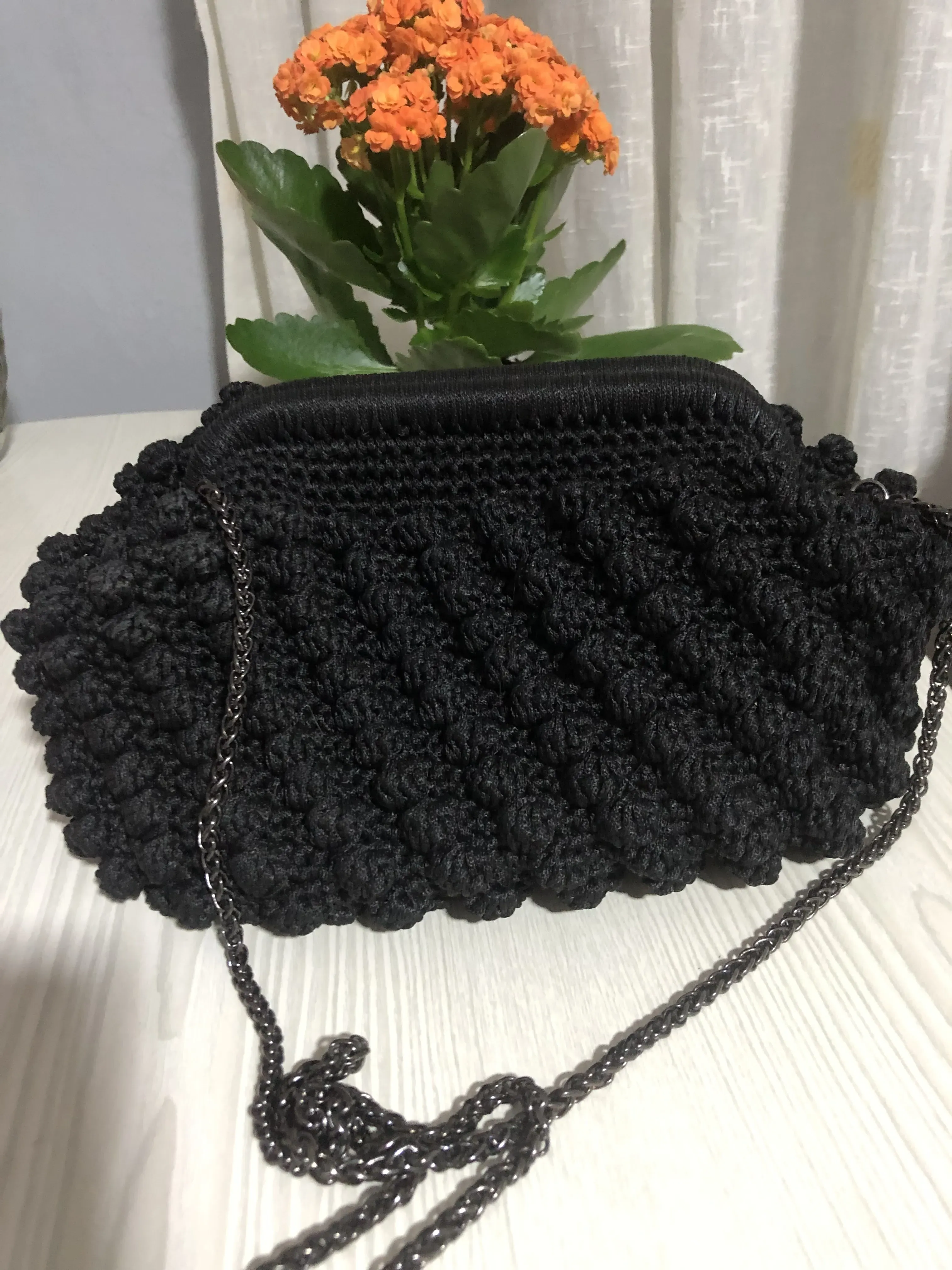 Siyah Makrome İp Örgü Zincir Askılı Gizli Burs Çanta - El Emeği