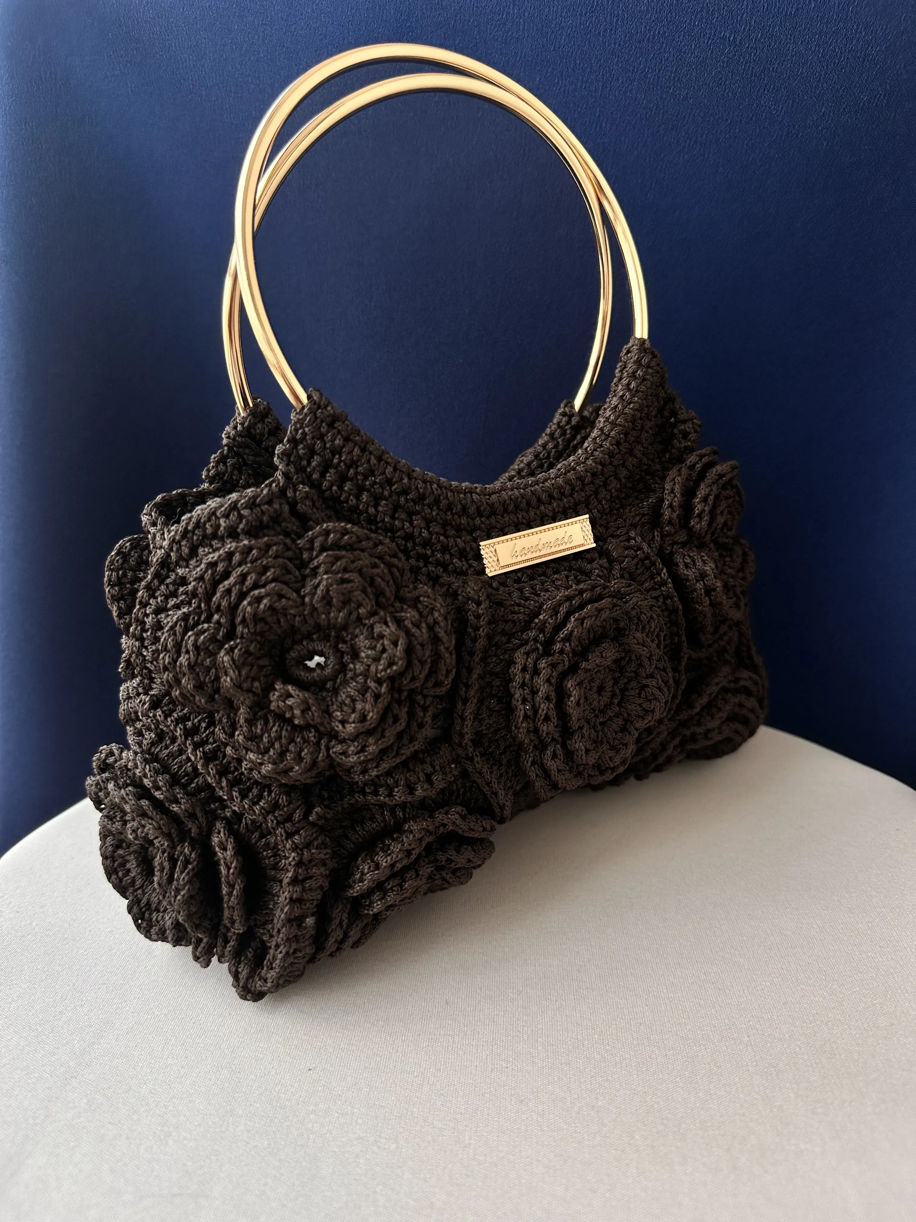 Makrome Gül Motifli Çanta - Kahverengi, Yuvarlak Metal Saplı