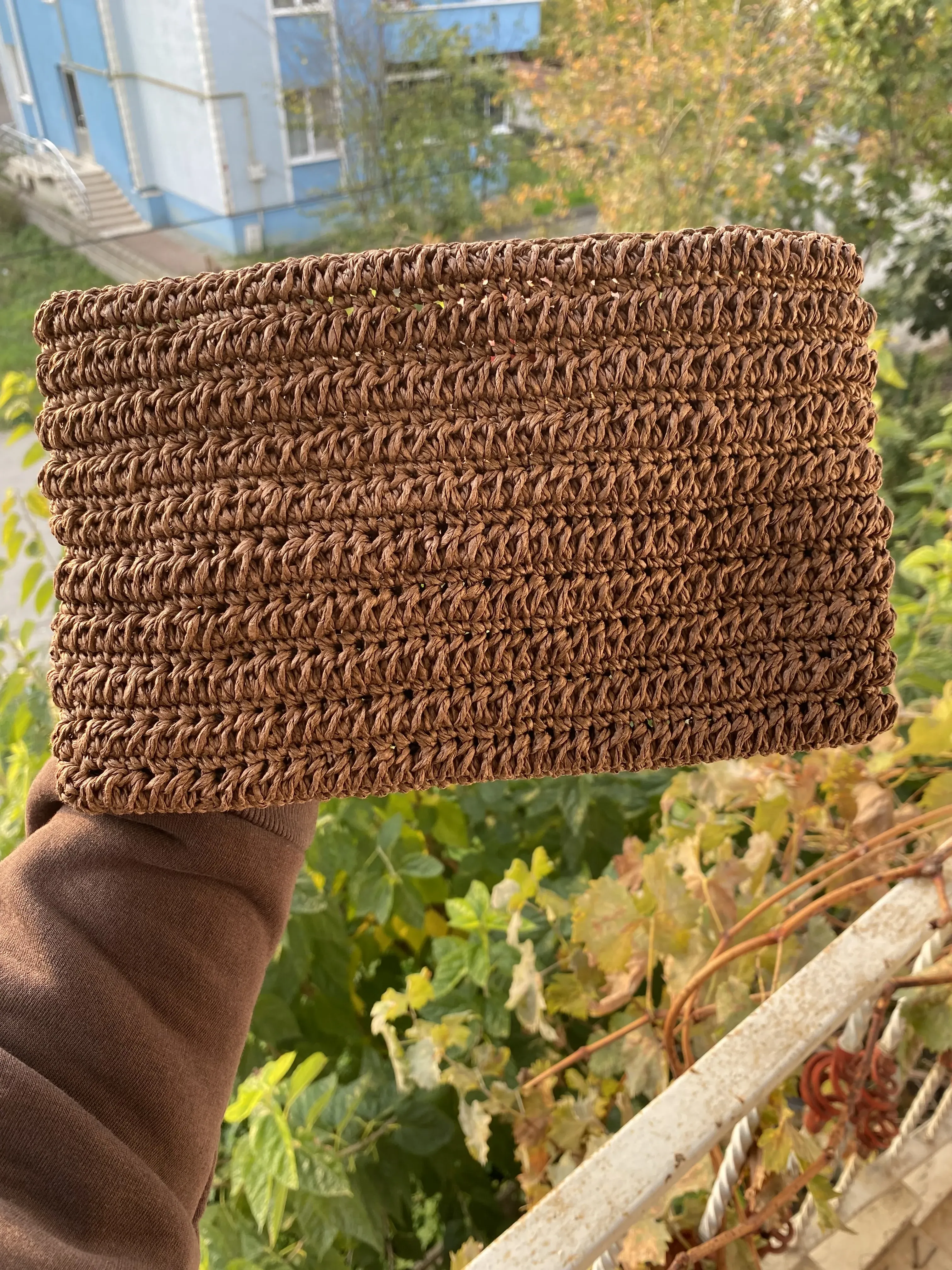 Kahverengi Kâğıt İp Örgü Portföy Çanta - Orta Boy El Emeği