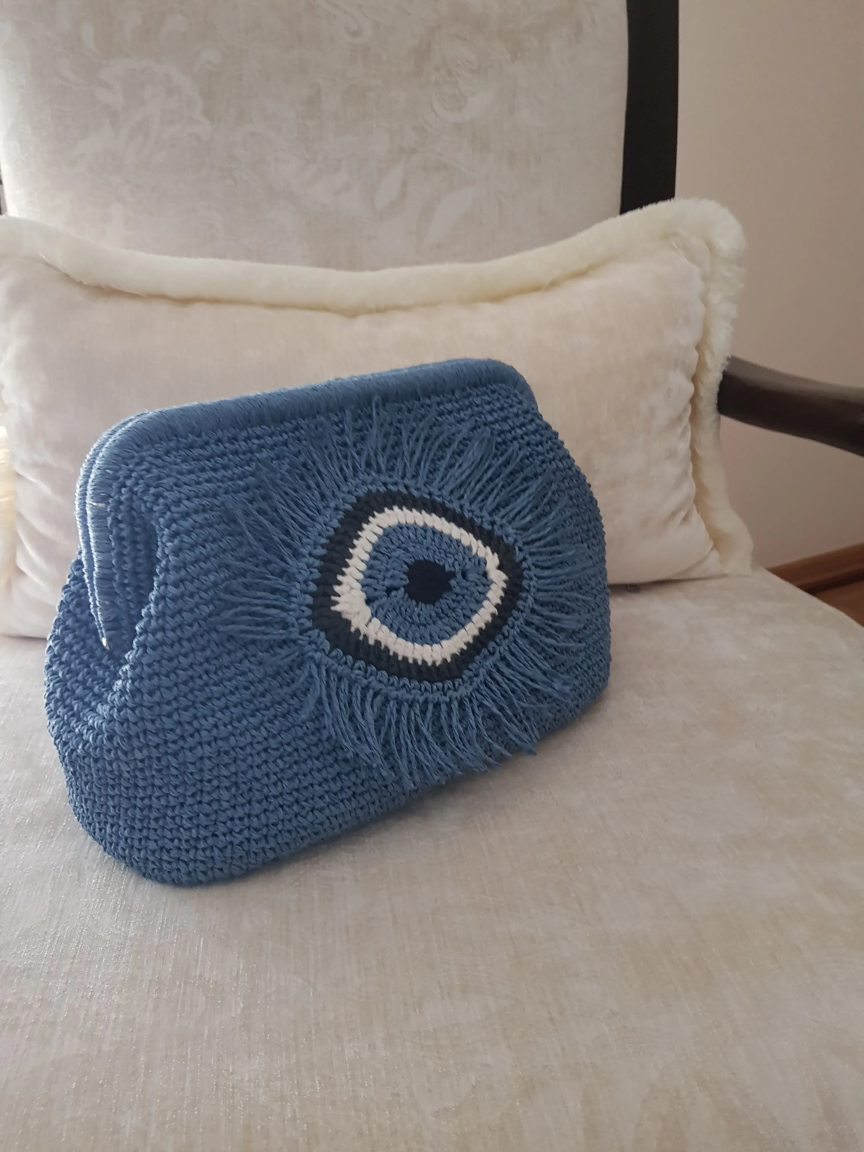 Mavi Nazar Boncuğu Desenli Örgü Çanta - El Örgüsü Tasarım