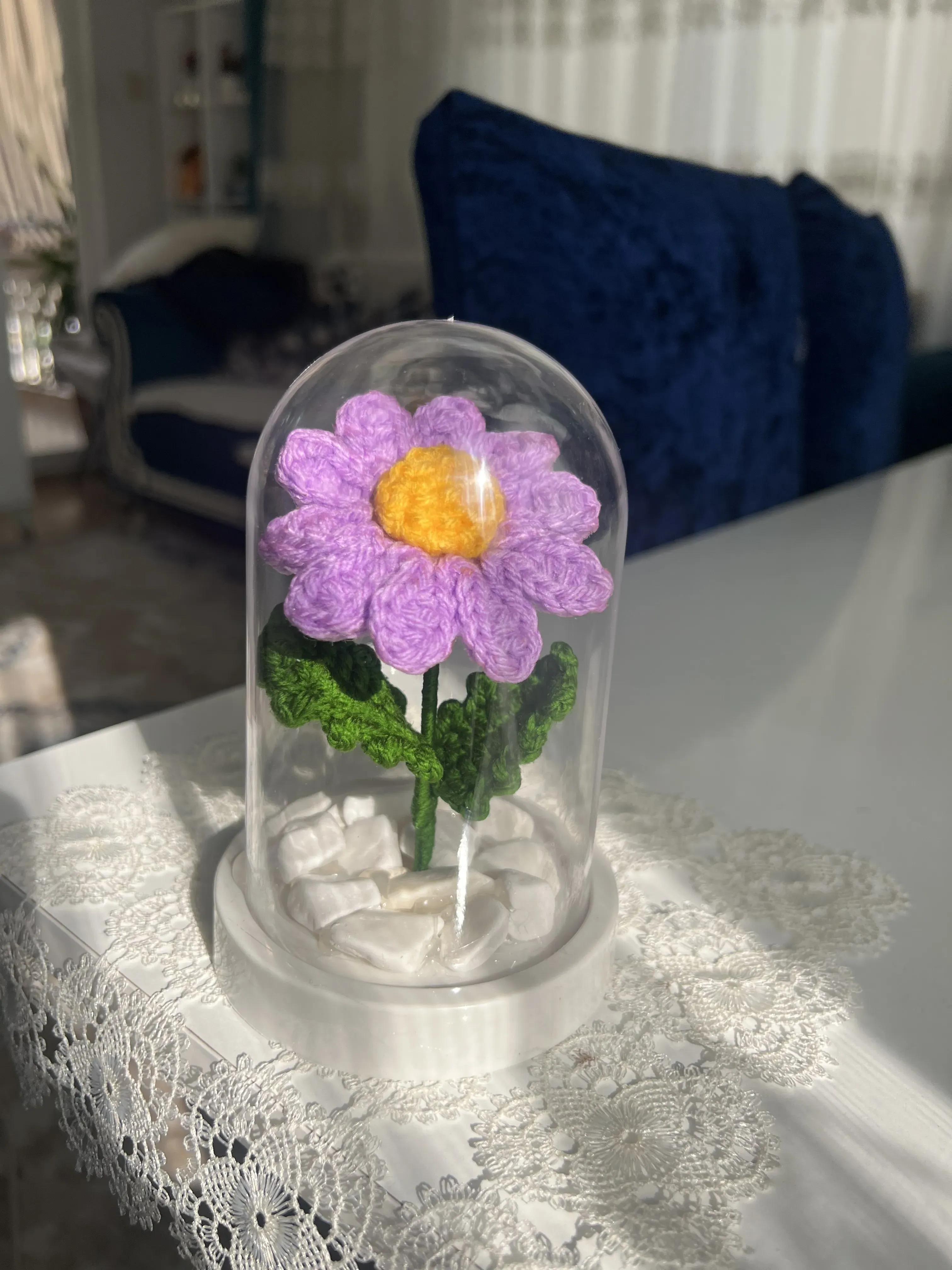 Örgü Papatya Dekoratif Fanus - Lila Renkli El Emeği Hediyelik