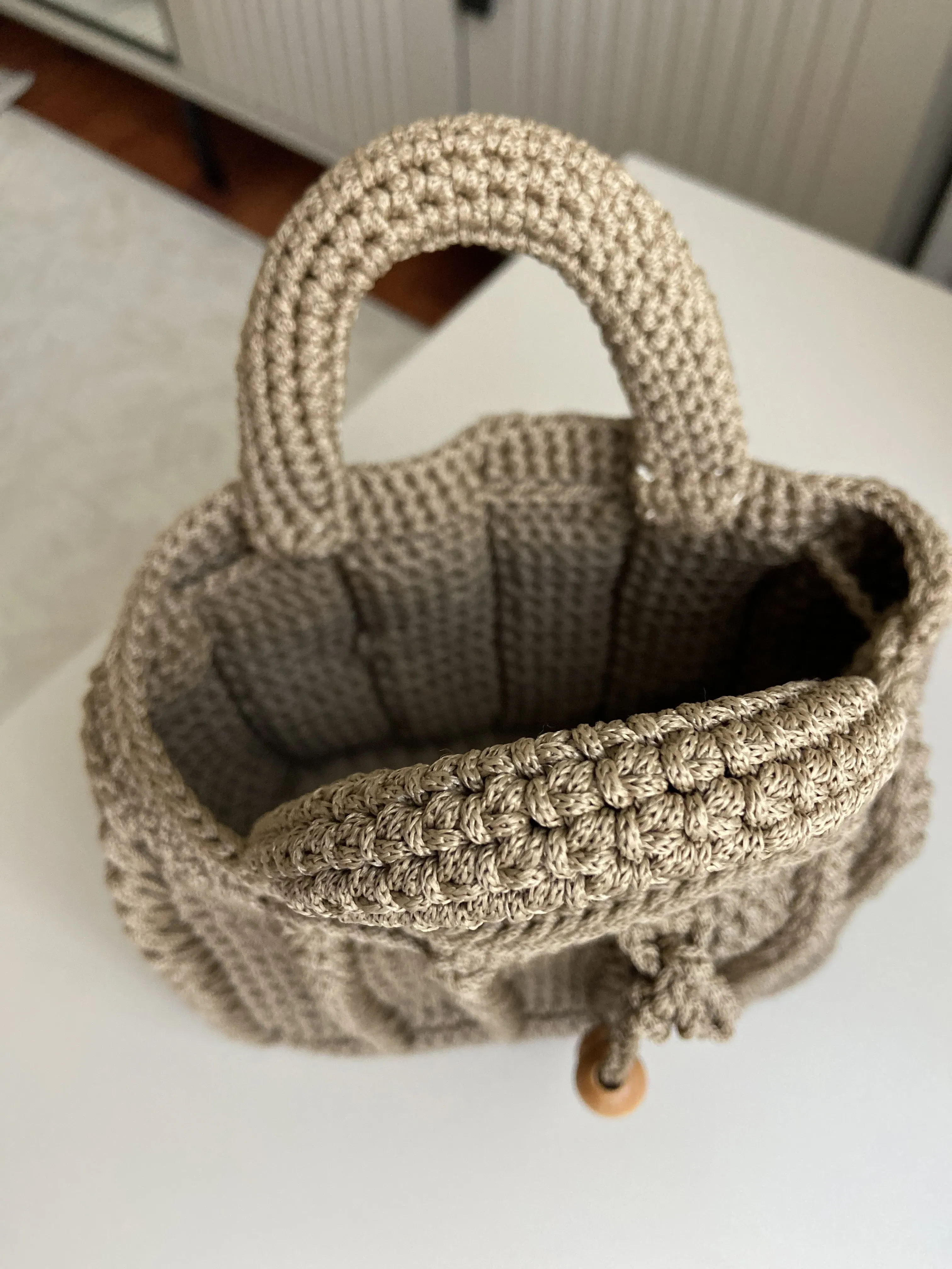 Kahverengi Makrome İpten Örme Omuz Çantası - El Yapımı