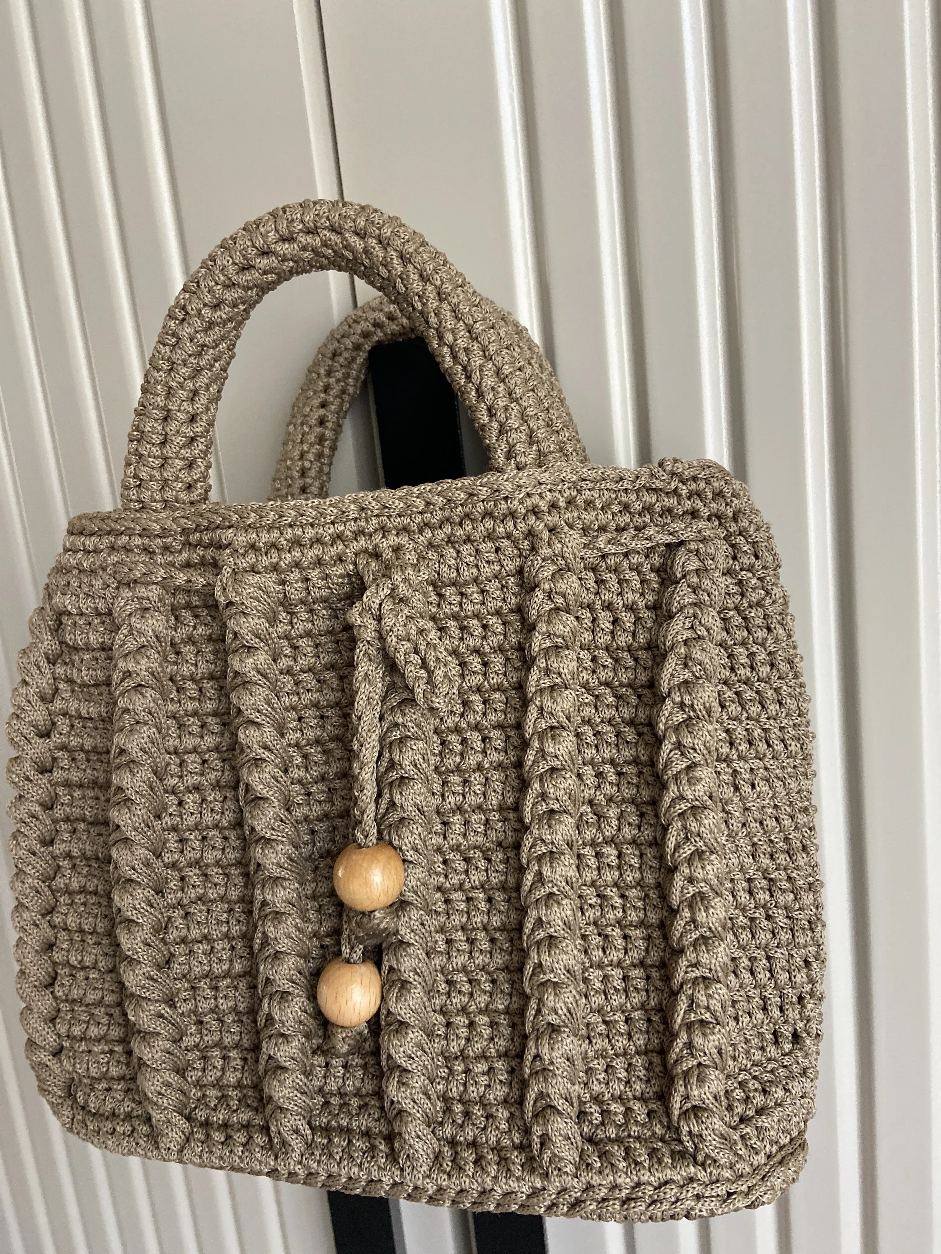 Kahverengi Makrome İpten Örme Omuz Çantası - El Yapımı