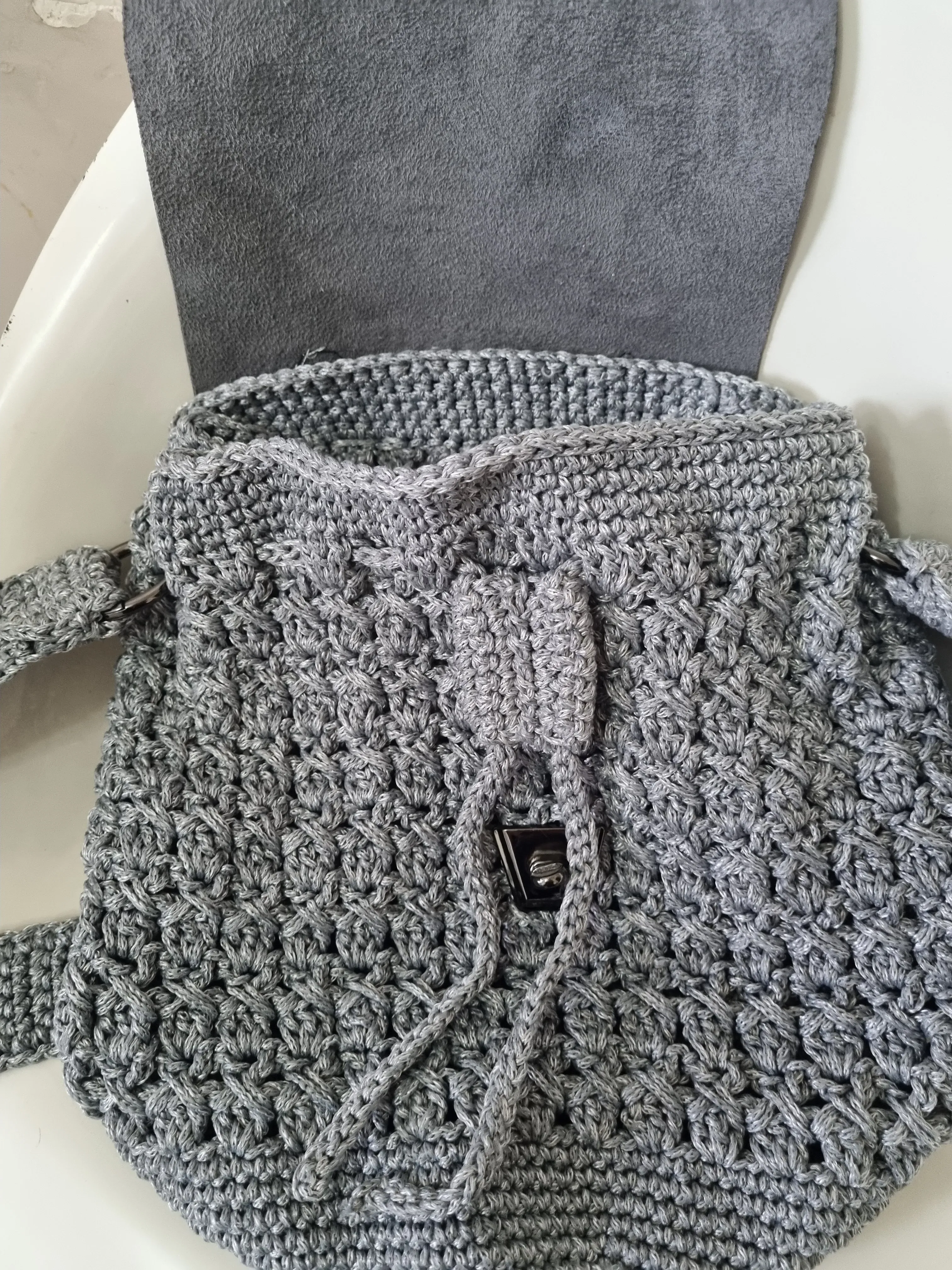 Gri Makrome Örgü Kadın Omuz ve El Çantası - Deri Detaylı