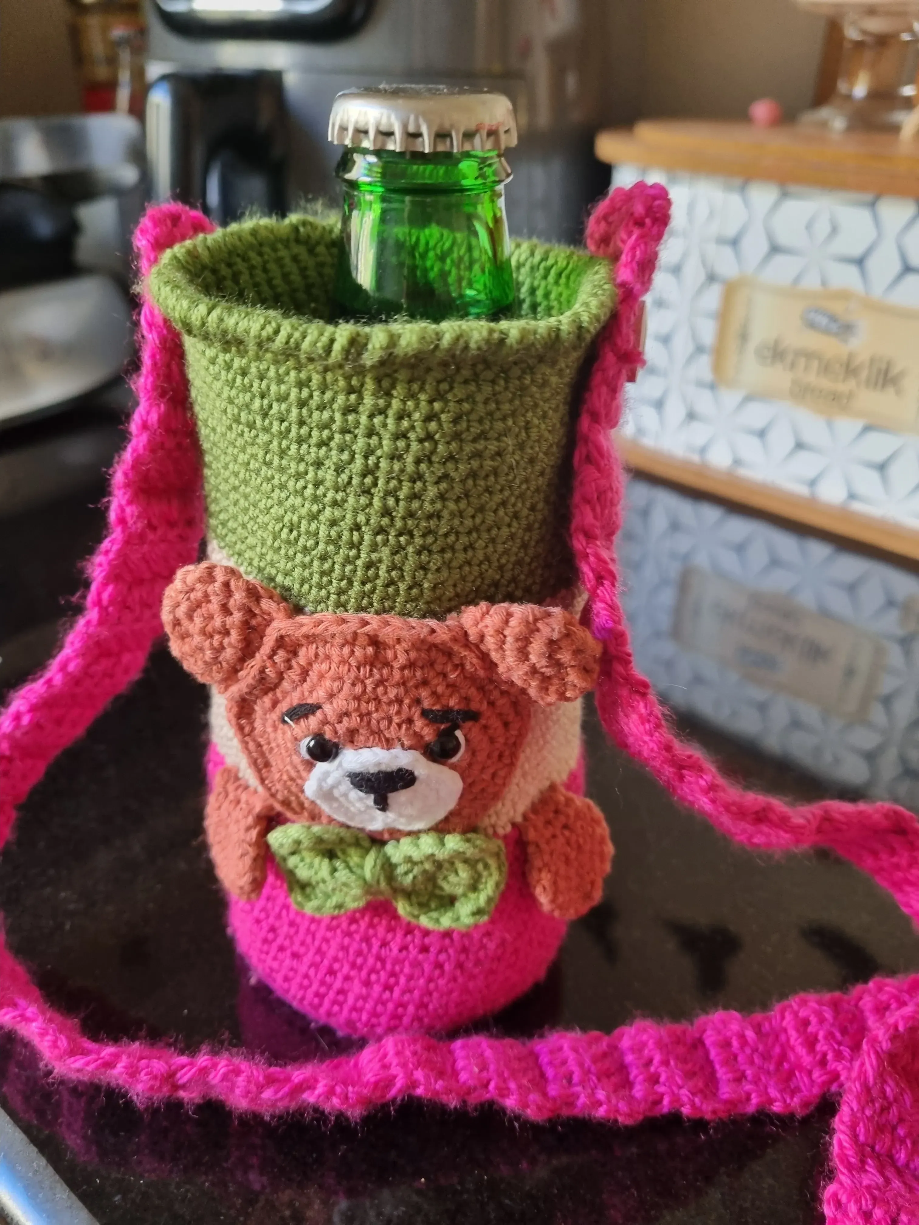 Panda Figürlü Örgü Su Şişesi Kılıfı - Amigurumi El Emeği