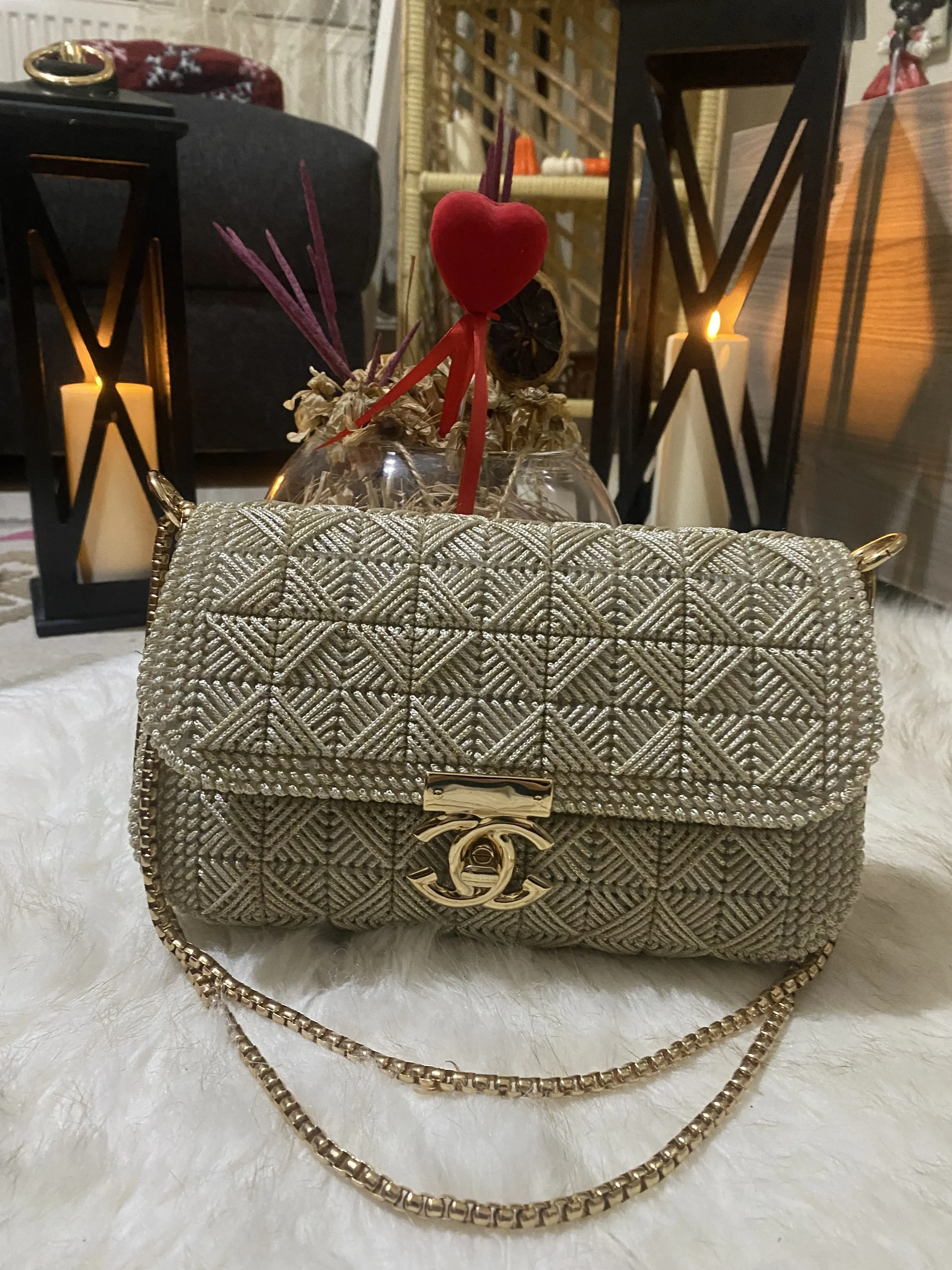 Bej Kanvas Makrome Omuz Çantası - El İşlemeli Kadın Çanta