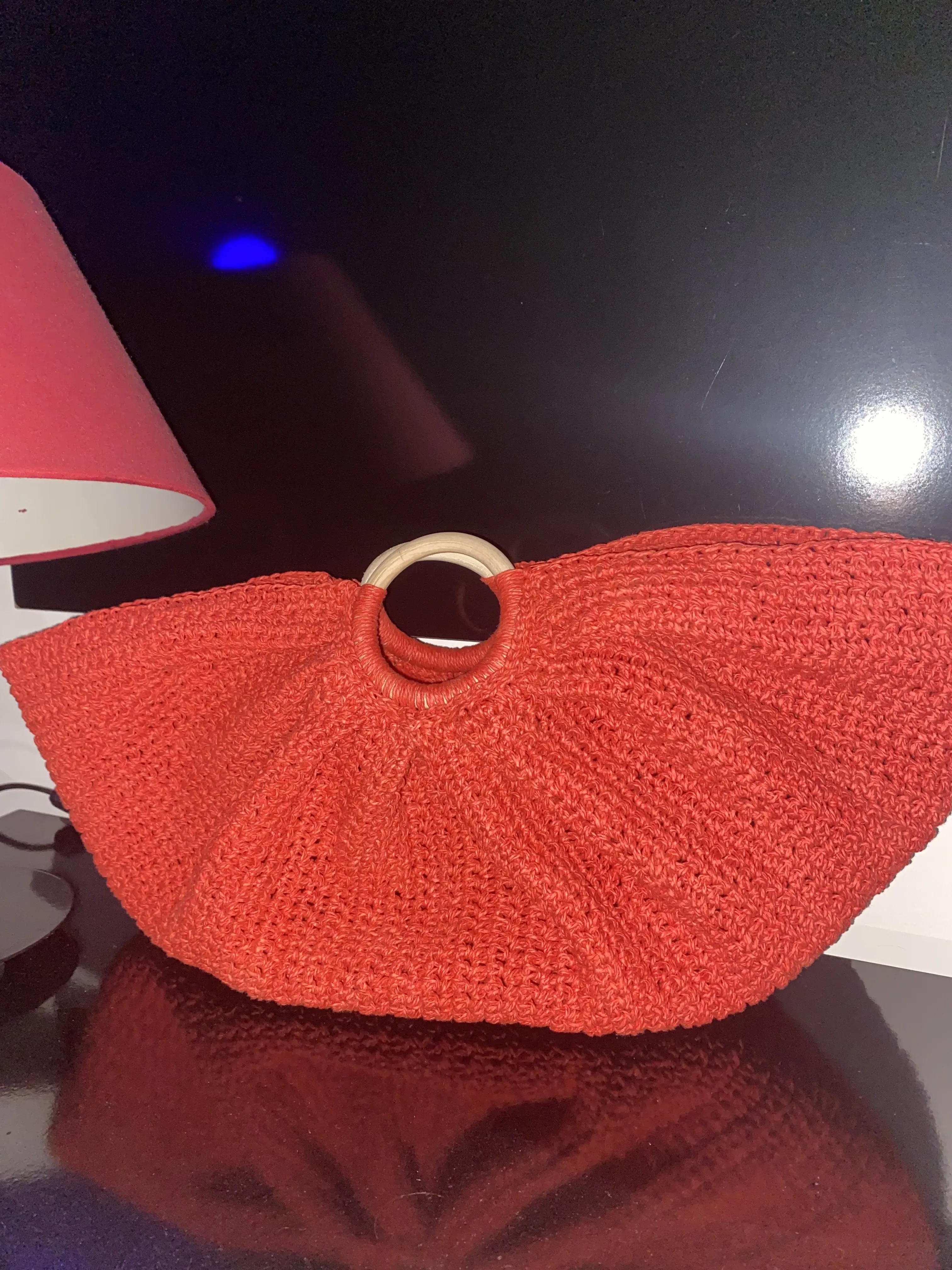 Turuncu Kağıt İp Örgü Kleopatra Çanta - Yuvarlak Ahşap Saplı