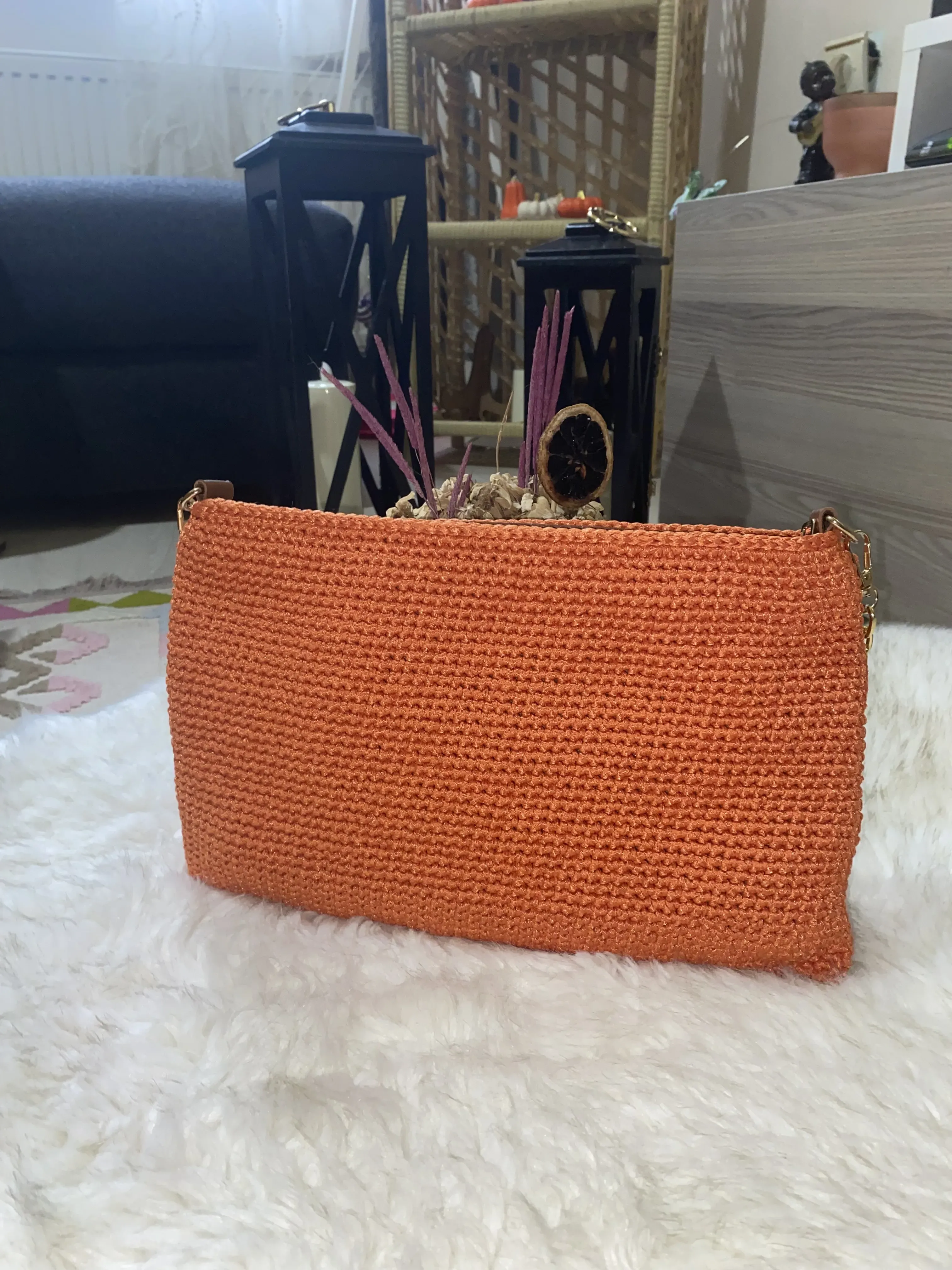 Turuncu Örgü Püsküllü Portföy Clutch Çanta - El Örgüsü