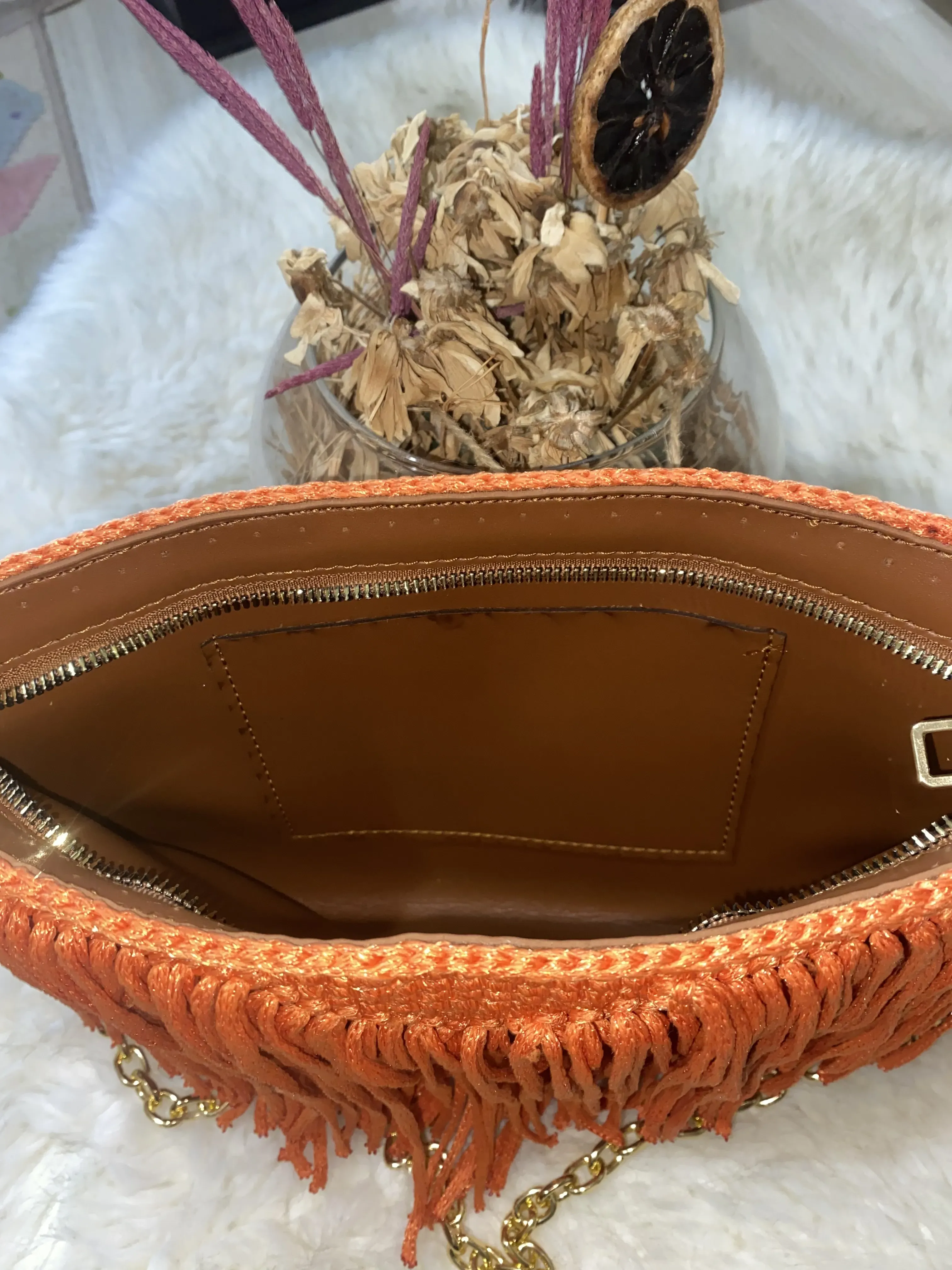 Turuncu Örgü Püsküllü Portföy Clutch Çanta - El Örgüsü