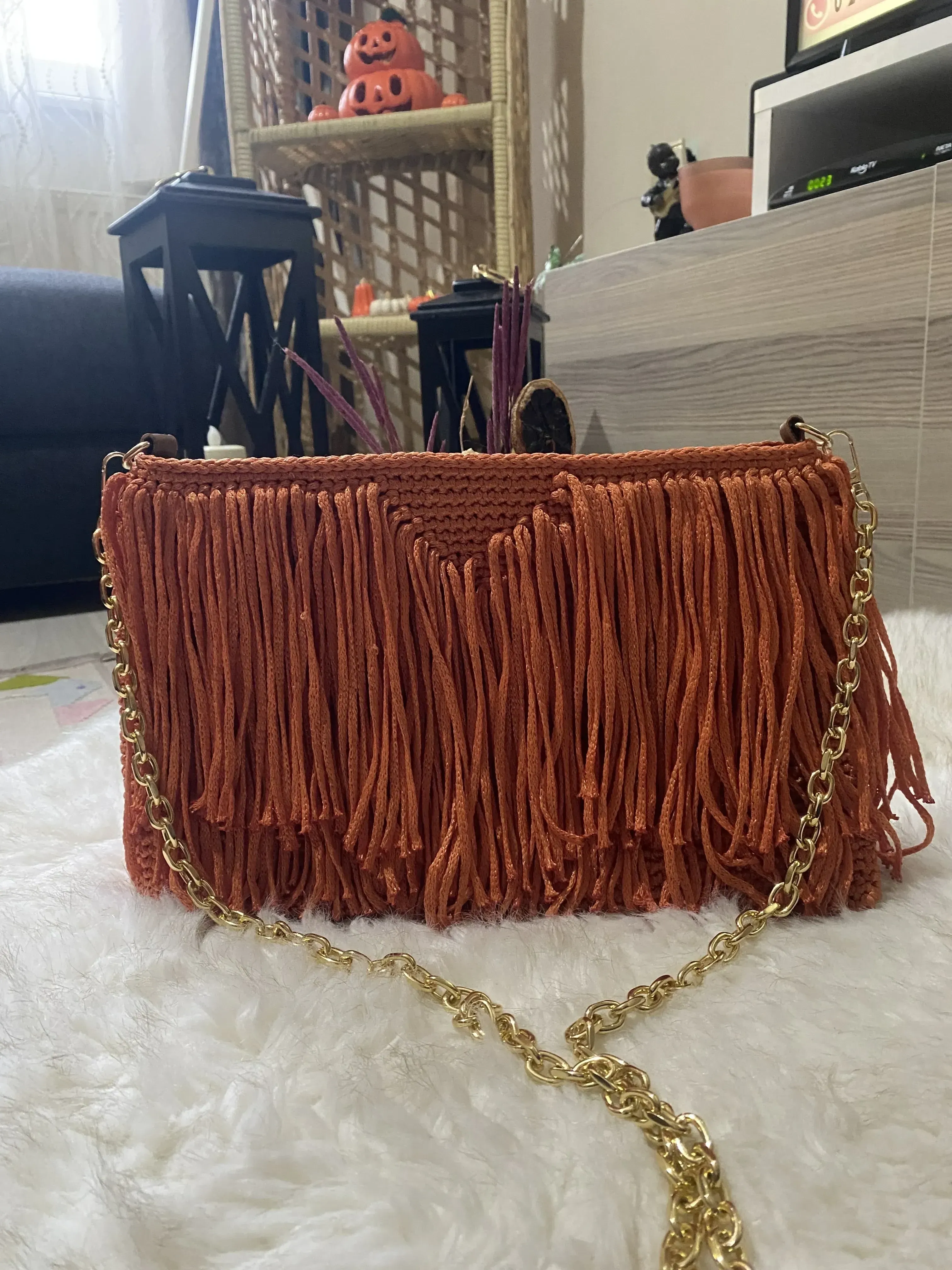 Turuncu Örgü Püsküllü Portföy Clutch Çanta - El Örgüsü