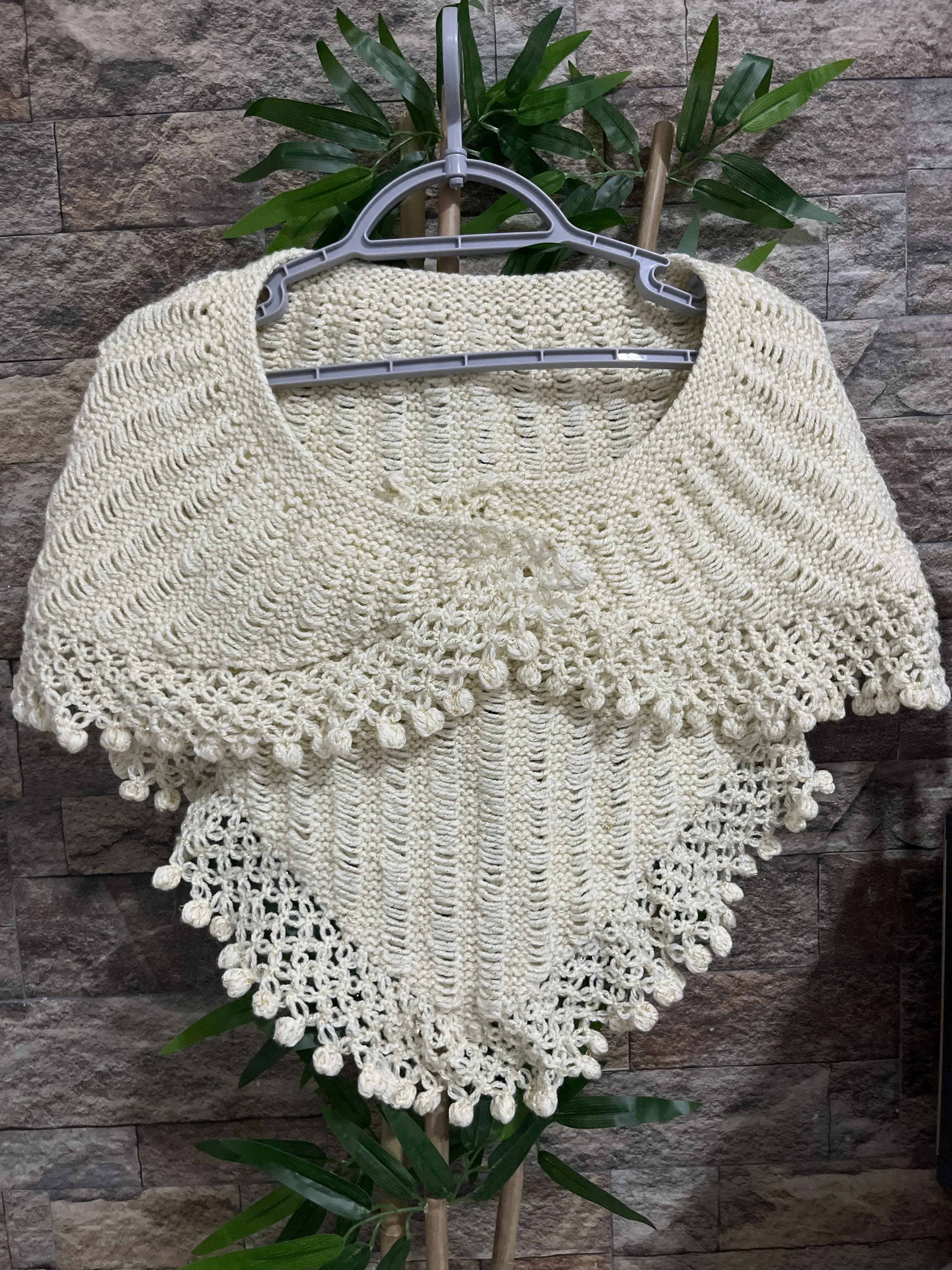 Bej Örgü Omuz Şalı - Kadın Triko Şal - El Emeği