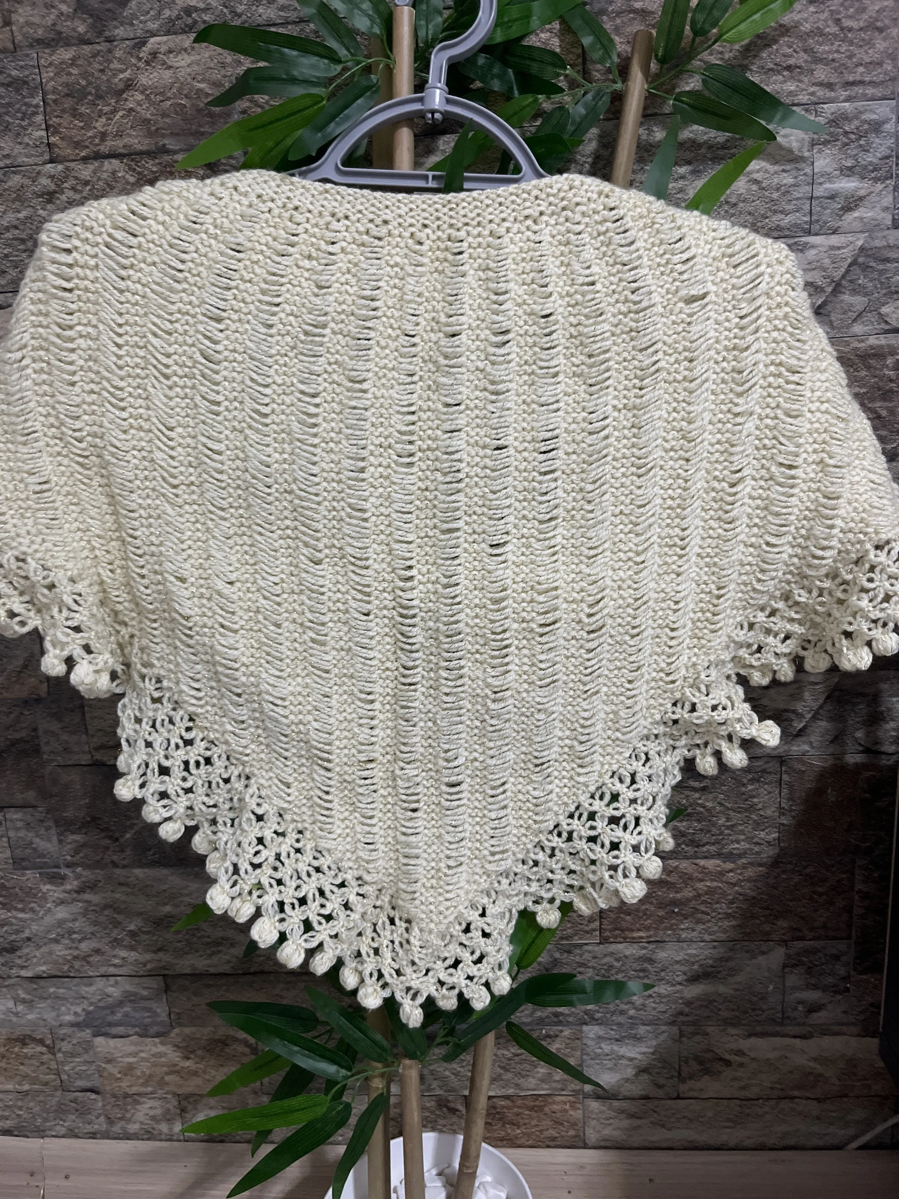 Bej Örgü Omuz Şalı - Kadın Triko Şal - El Emeği