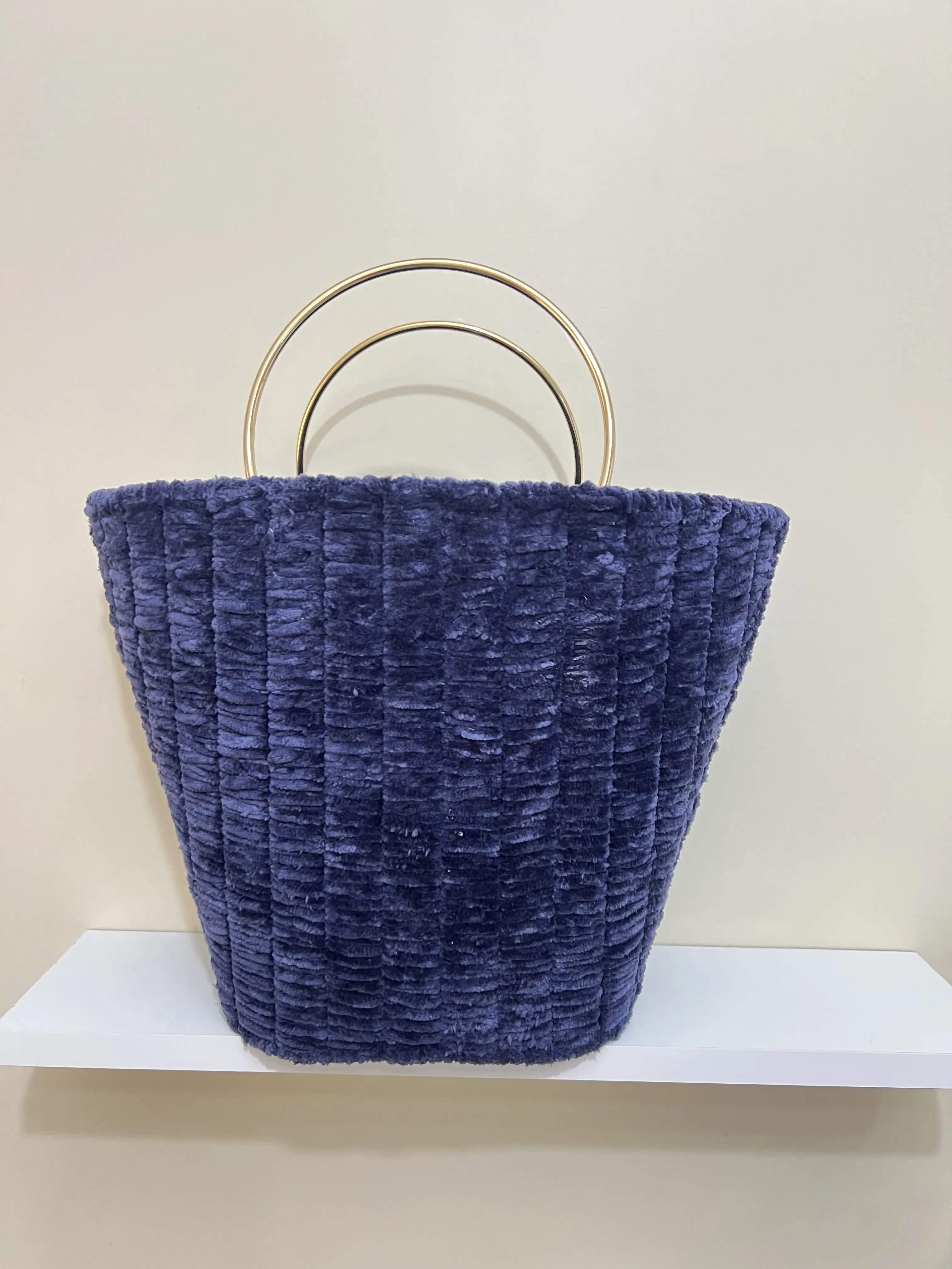 Lacivert Kadife Örgü Çanta - Metal Halka Saplı - El Emeği