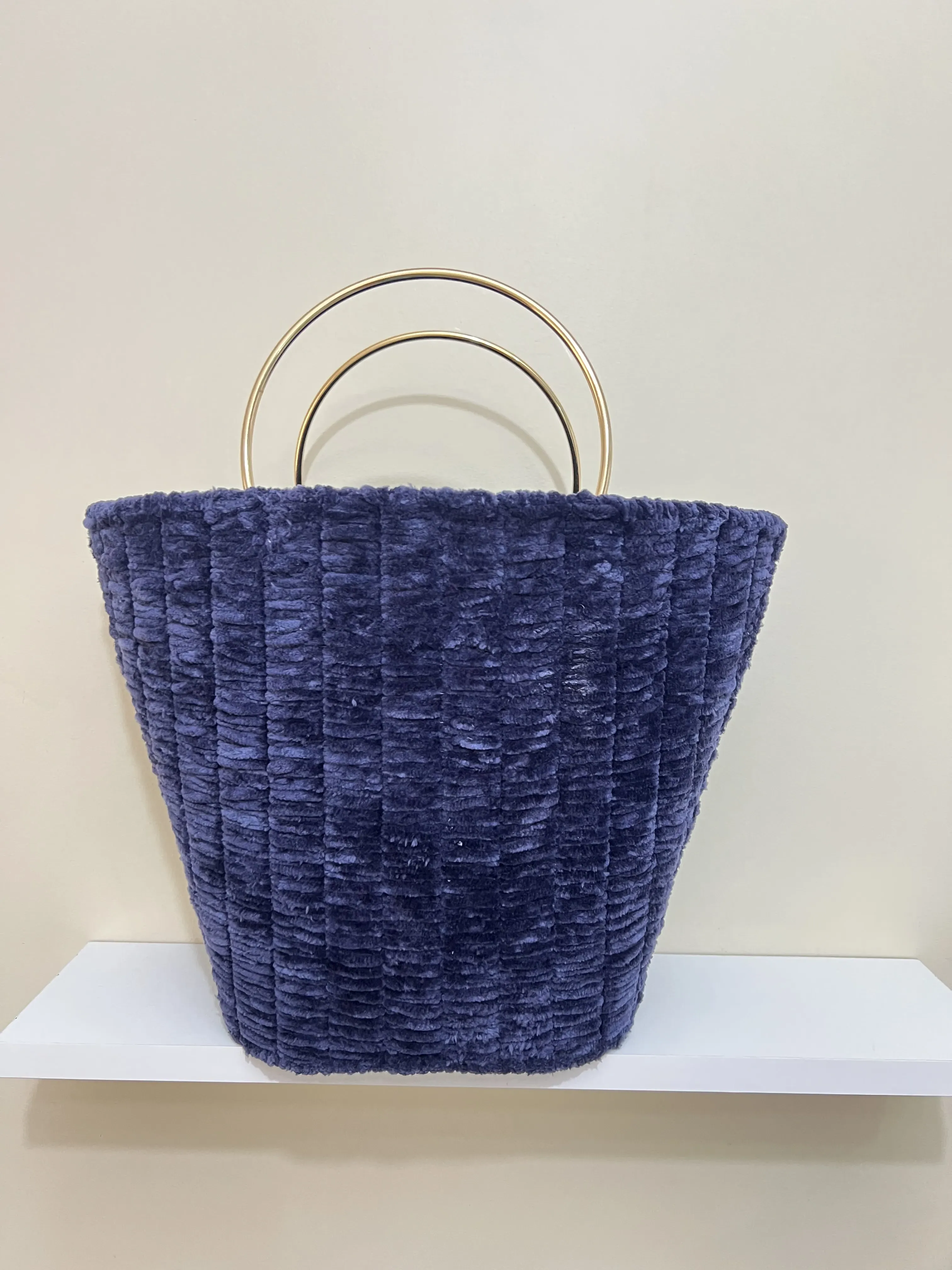 Lacivert Kadife Örgü Çanta - Metal Halka Saplı - El Emeği