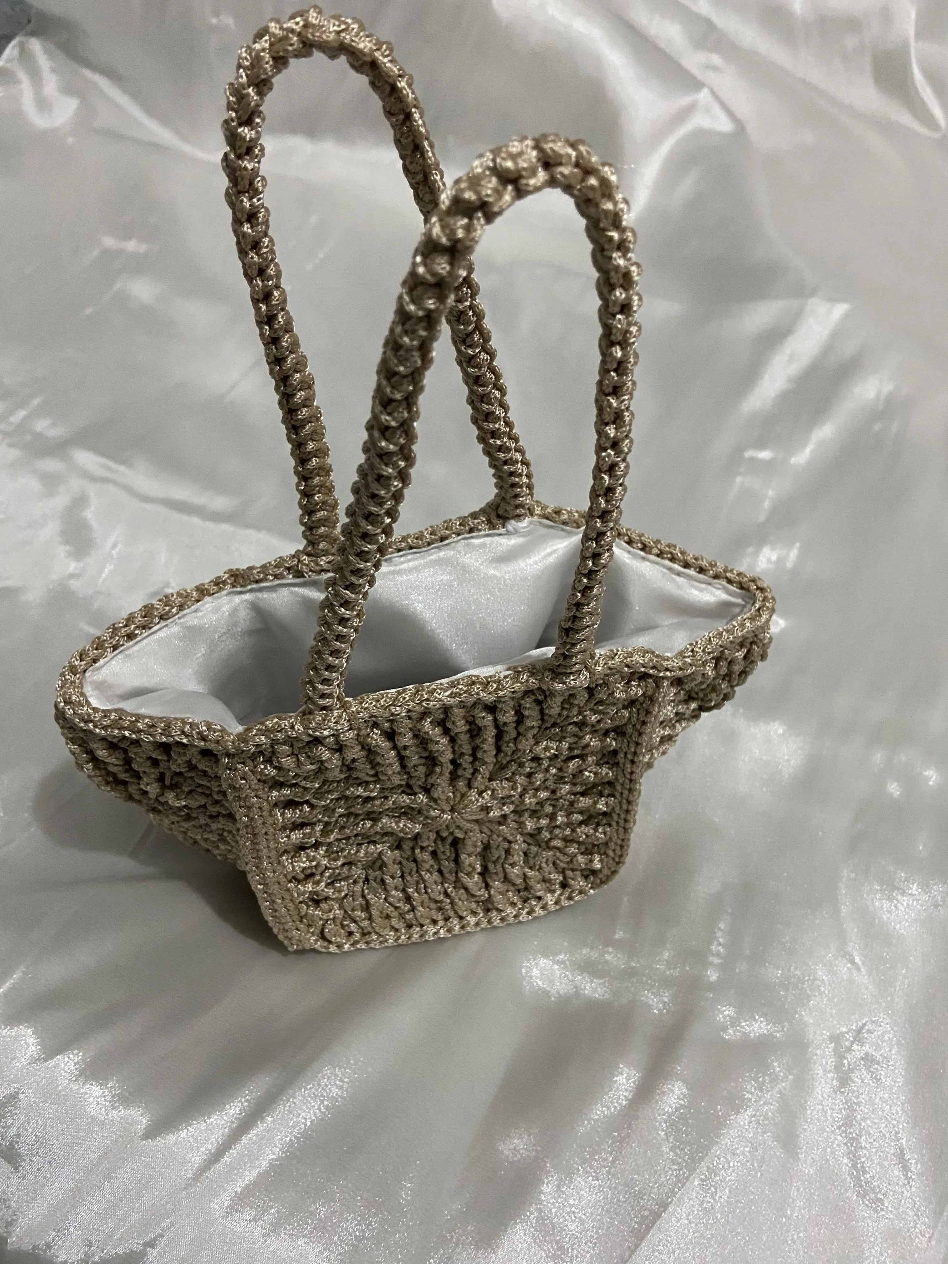 Makrome Motifli Örgü Çanta - Gold Renkli, El Emeği Tasarım