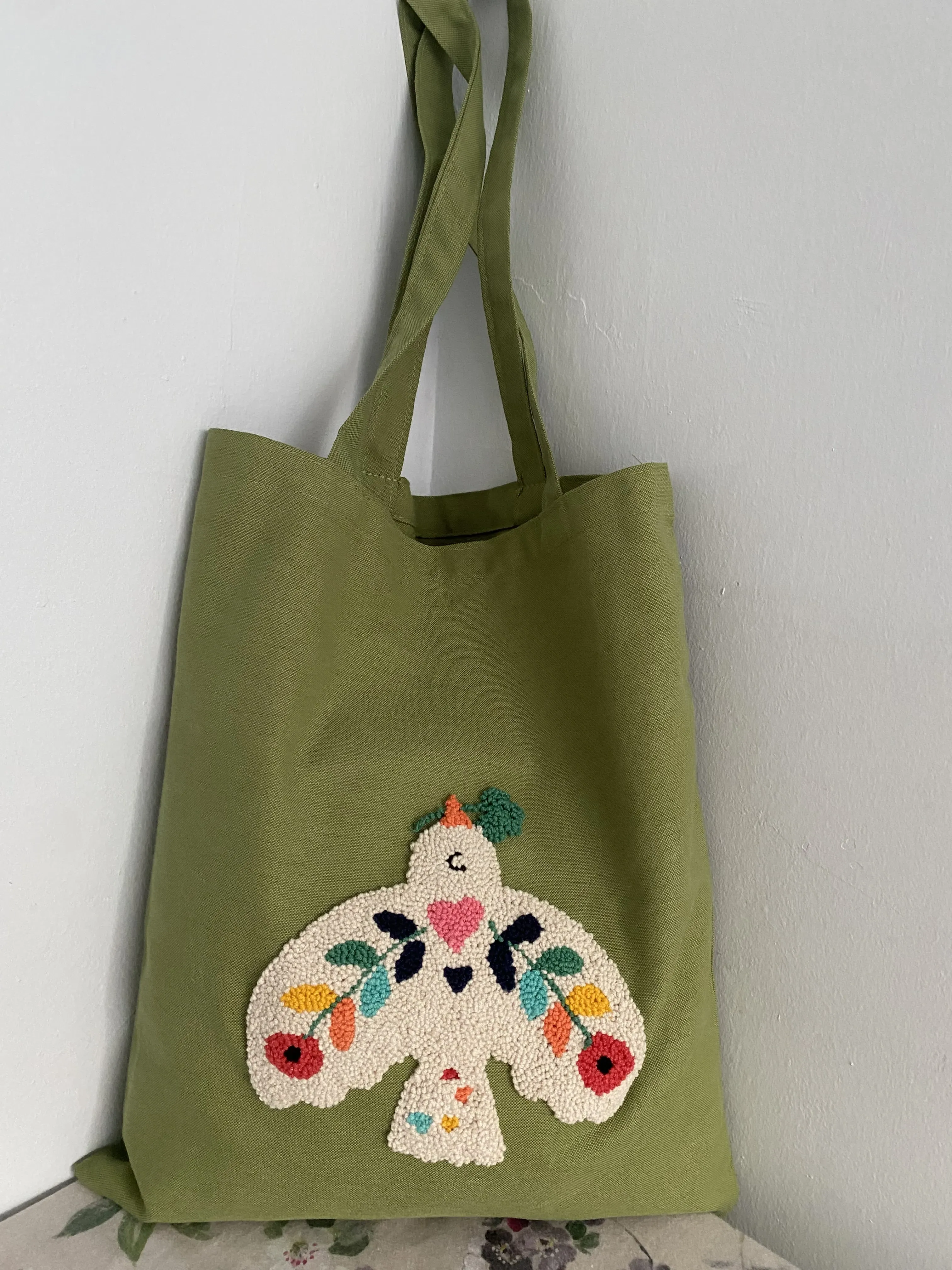 Yeşil Duck Kumaş Kuş Desen Punch İşlemeli Omuz Çantası - El Emeği