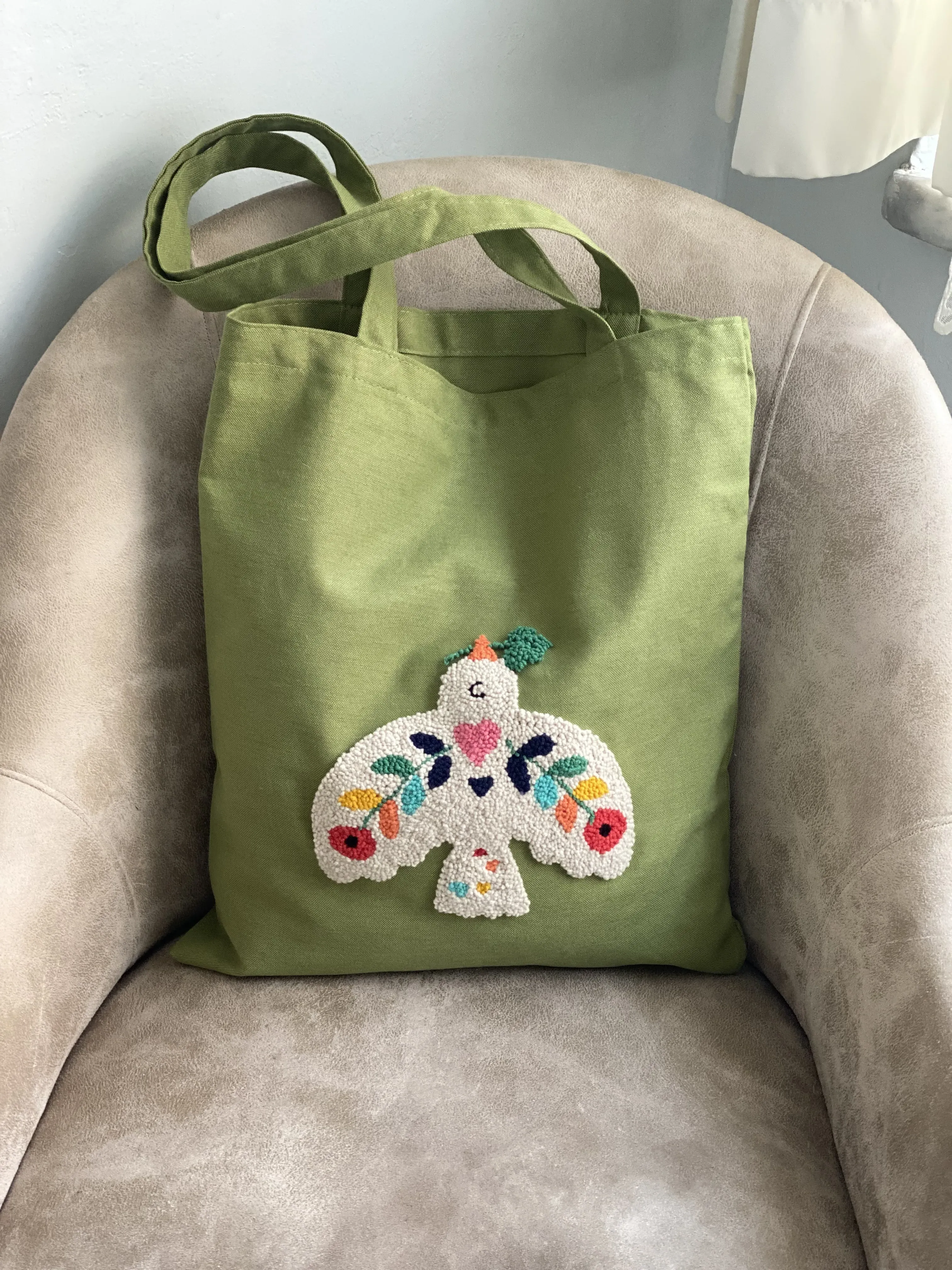 Yeşil Duck Kumaş Kuş Desen Punch İşlemeli Omuz Çantası - El Emeği