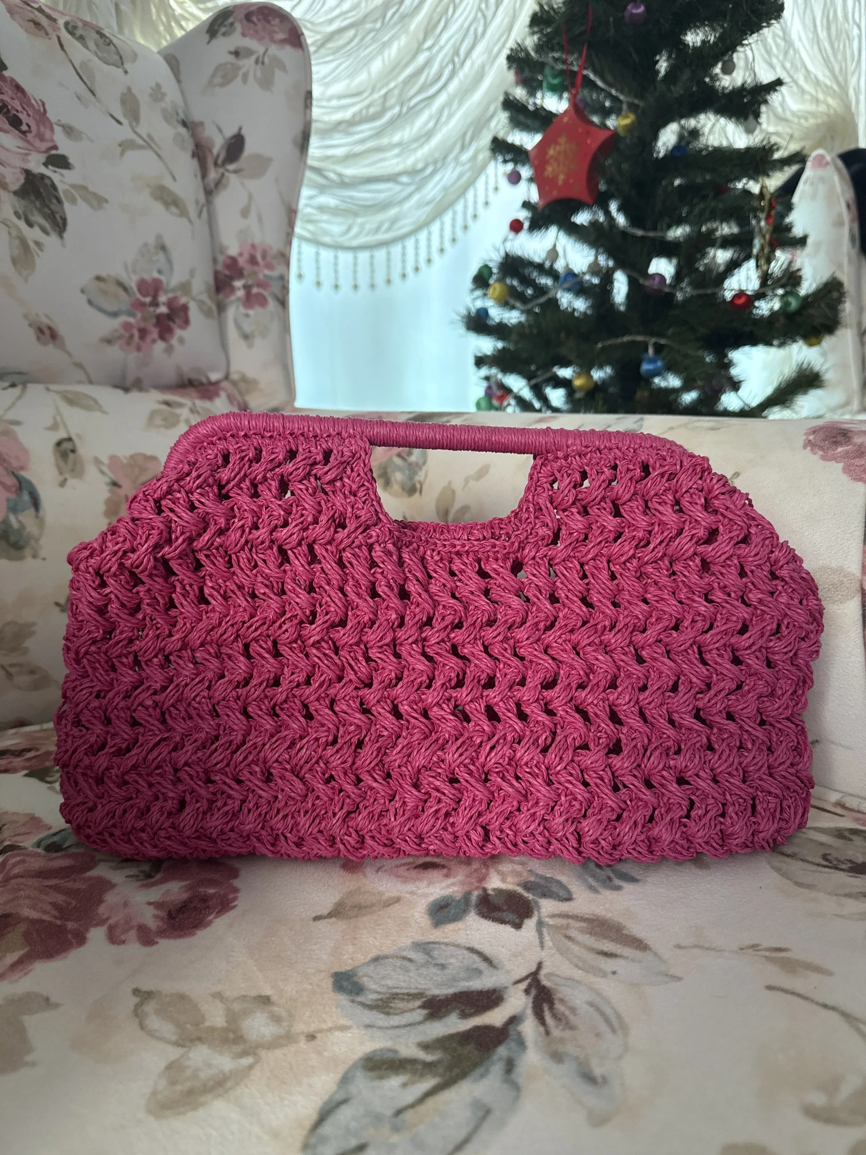 Fuşya Kağıt İp Örgü Çanta - Gizli Burslu, El Yapımı