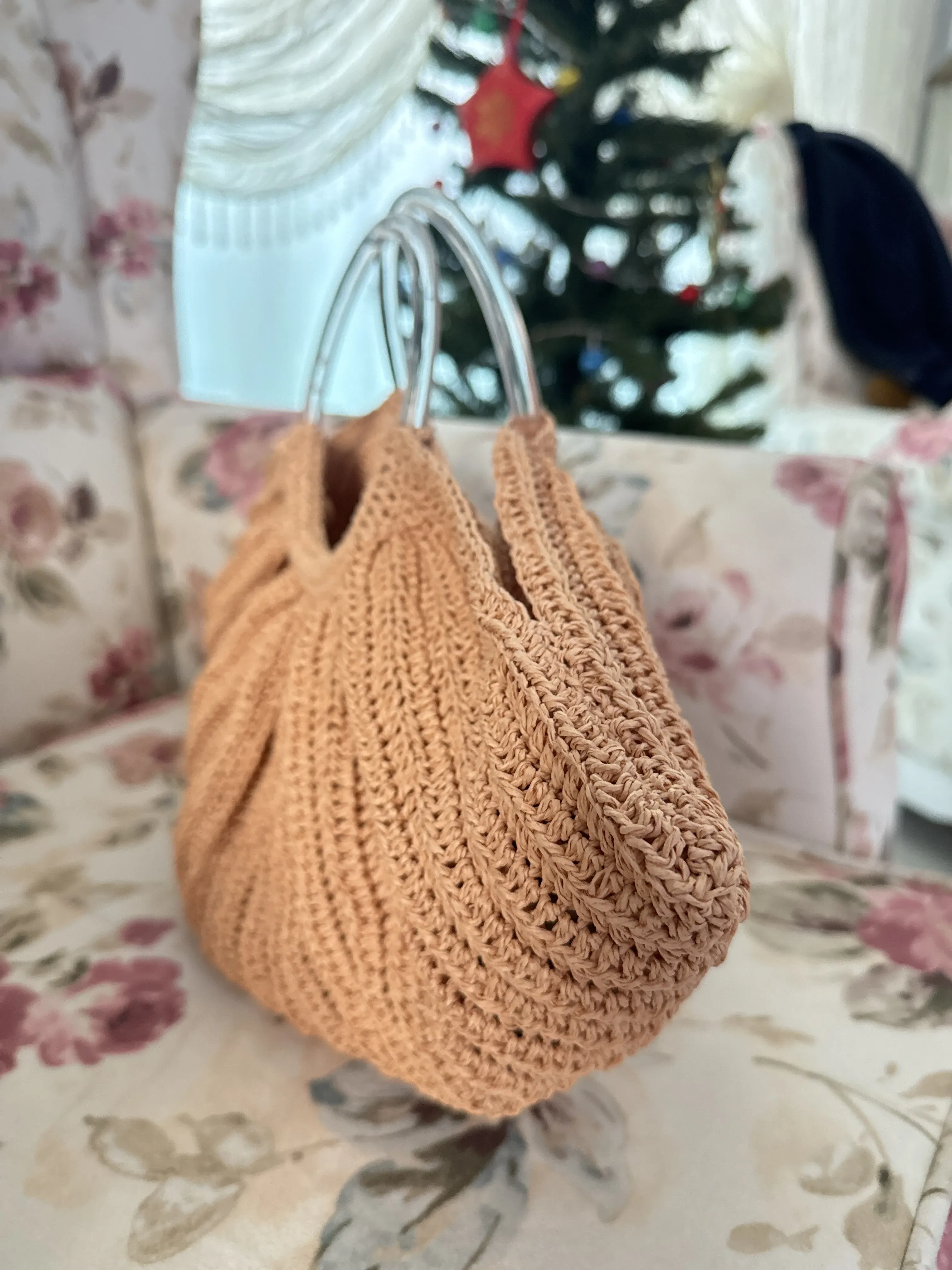 Pudra Rengi Kağıt İp Örgü Çanta - Şeffaf Halkalı Saplı