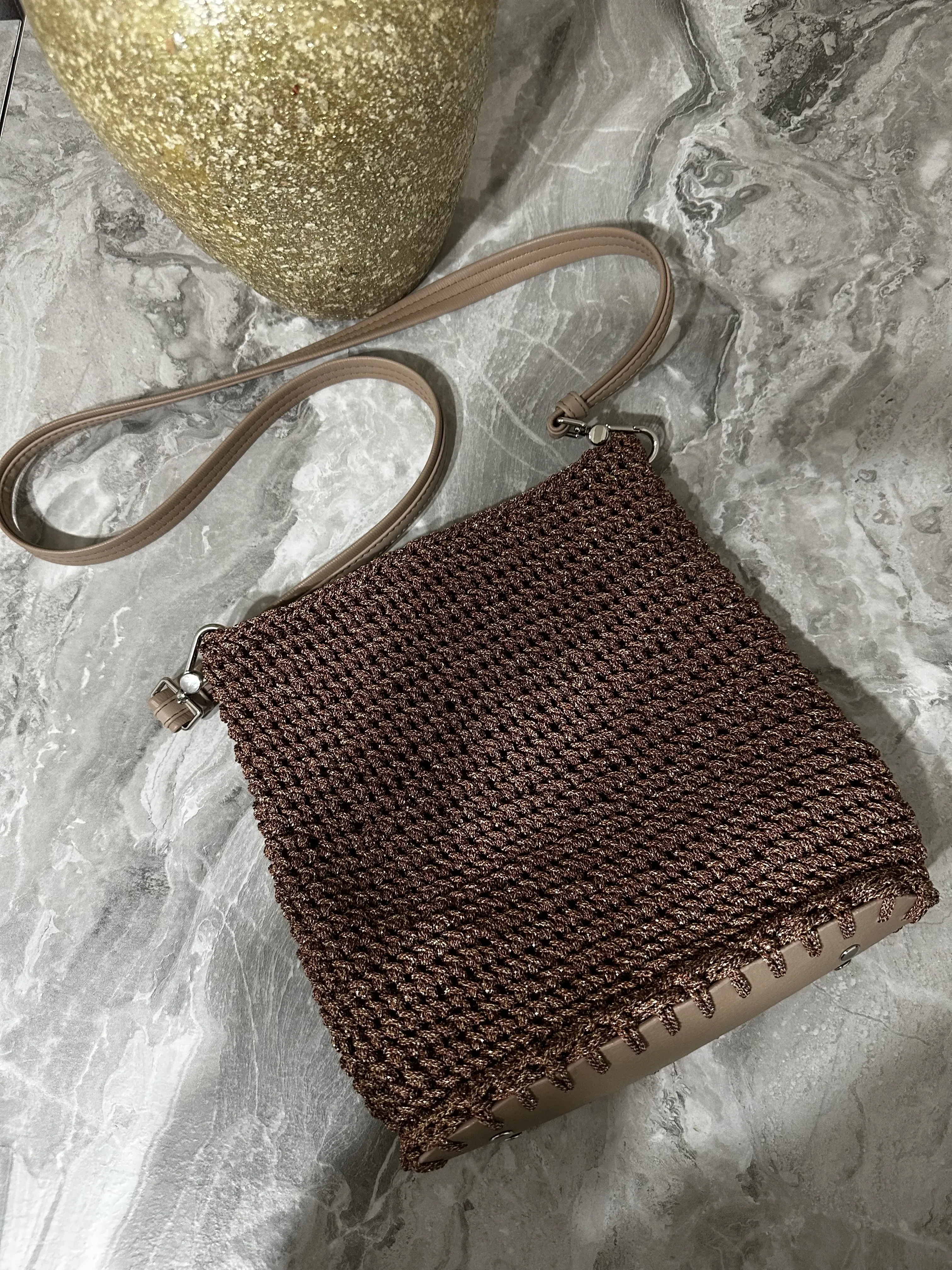 Kahverengi Simli Makrome Örgü Omuz Çantası - El Emeği