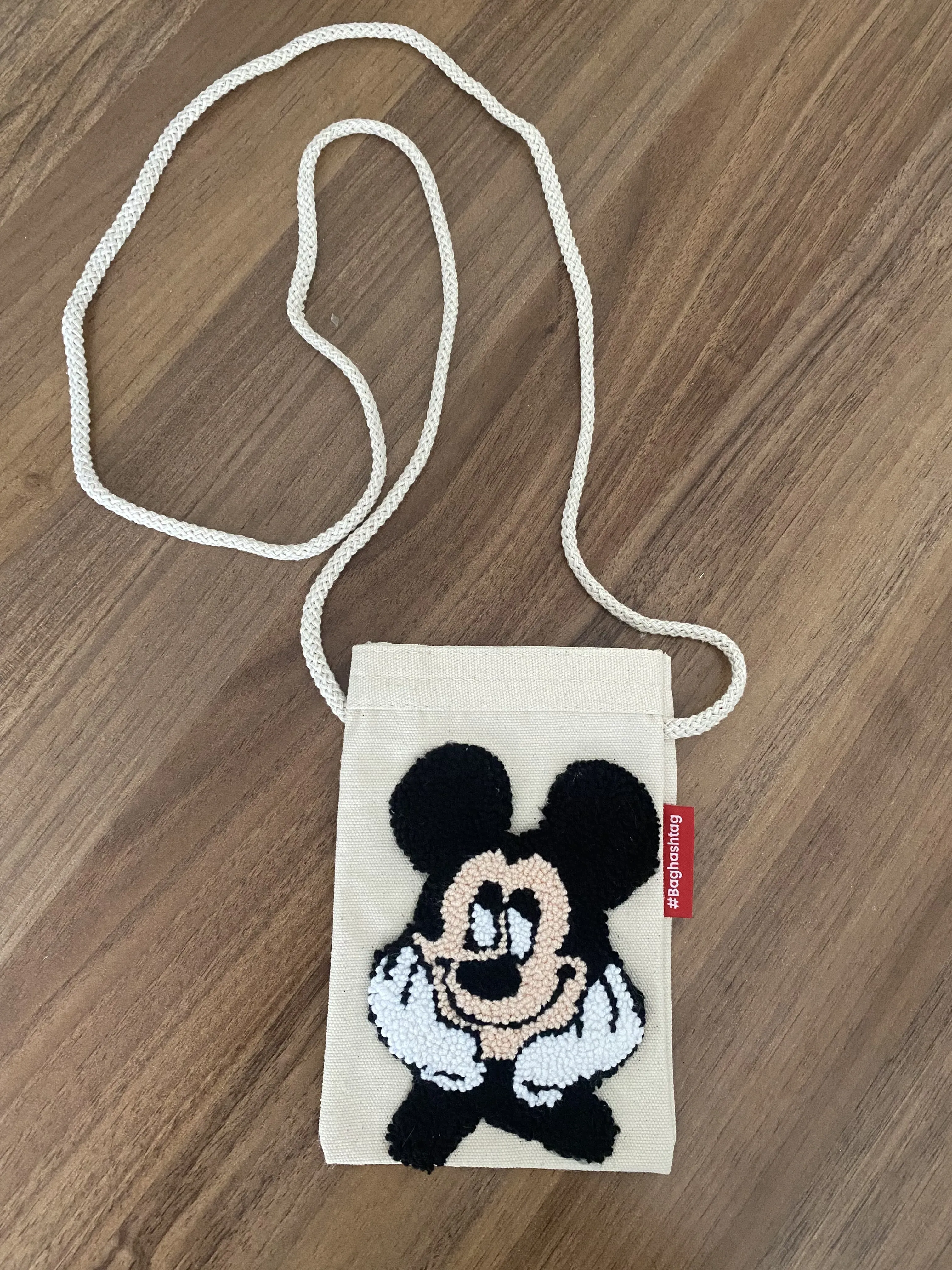 Kanvas Kumaş Mickey Mouse Punch İşlemeli Telefon Çantası - El Emeği