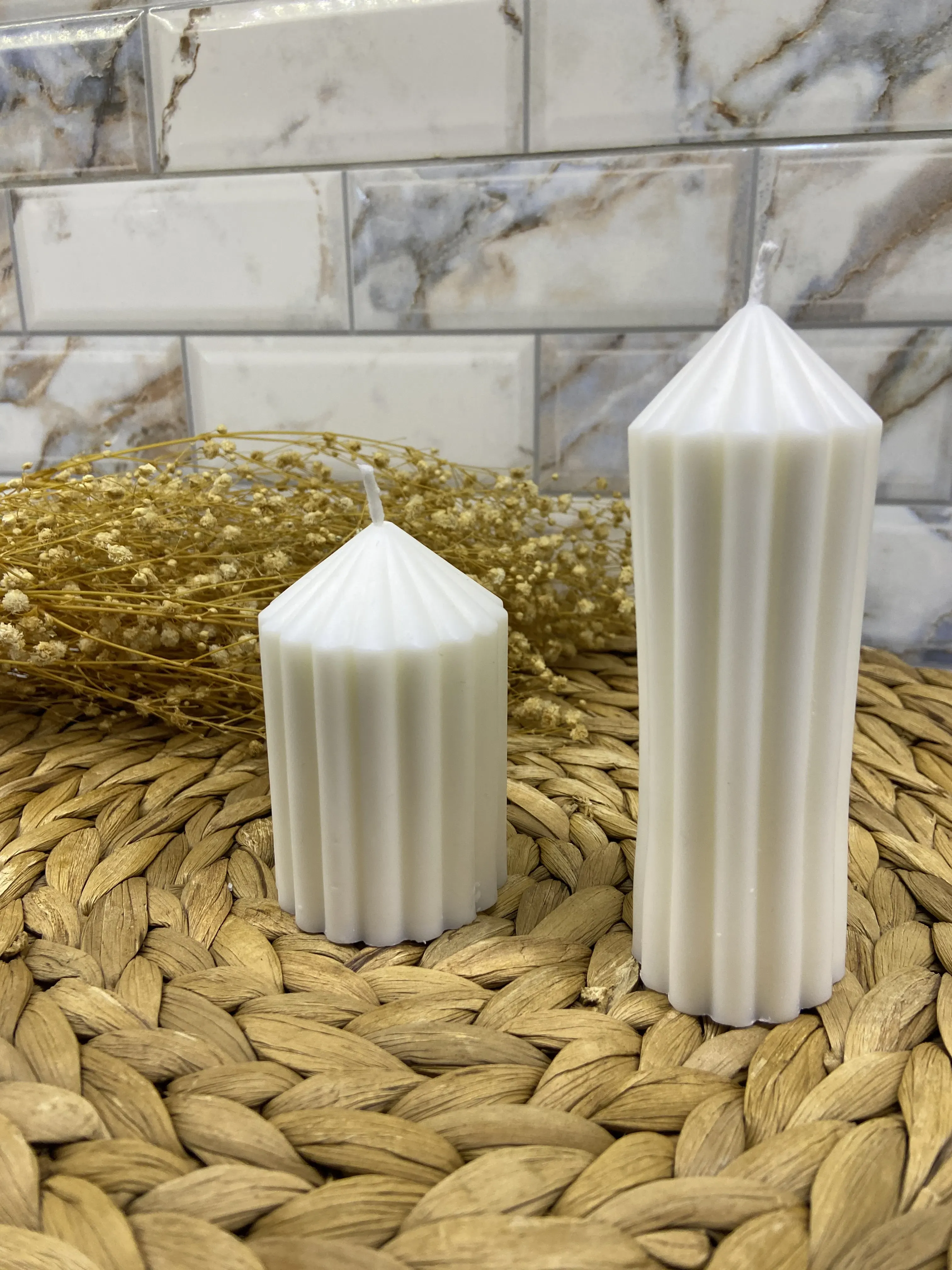 Beyaz Soyawax Minimal Çizgili Sütun Mum - Dekoratif & Kokulu