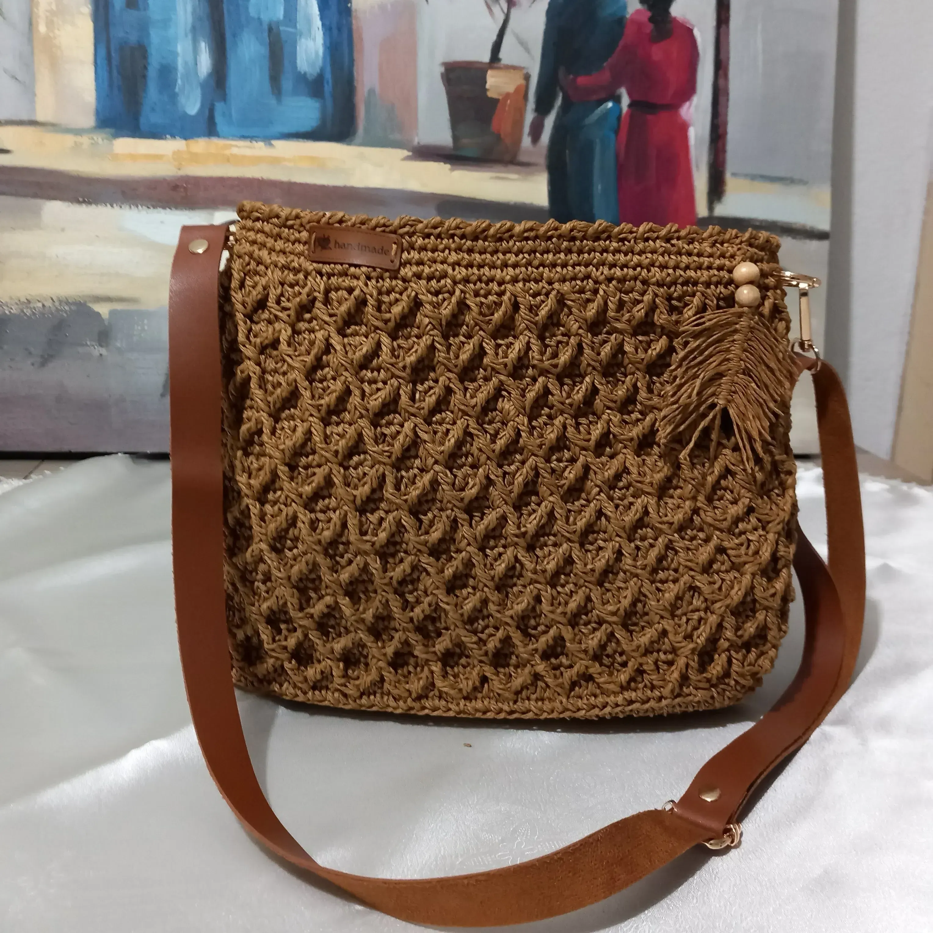 Kahverengi Kağıt İp Örgü Omuz Çantası - Astarlı, Fermuarlı ve El Yapımı