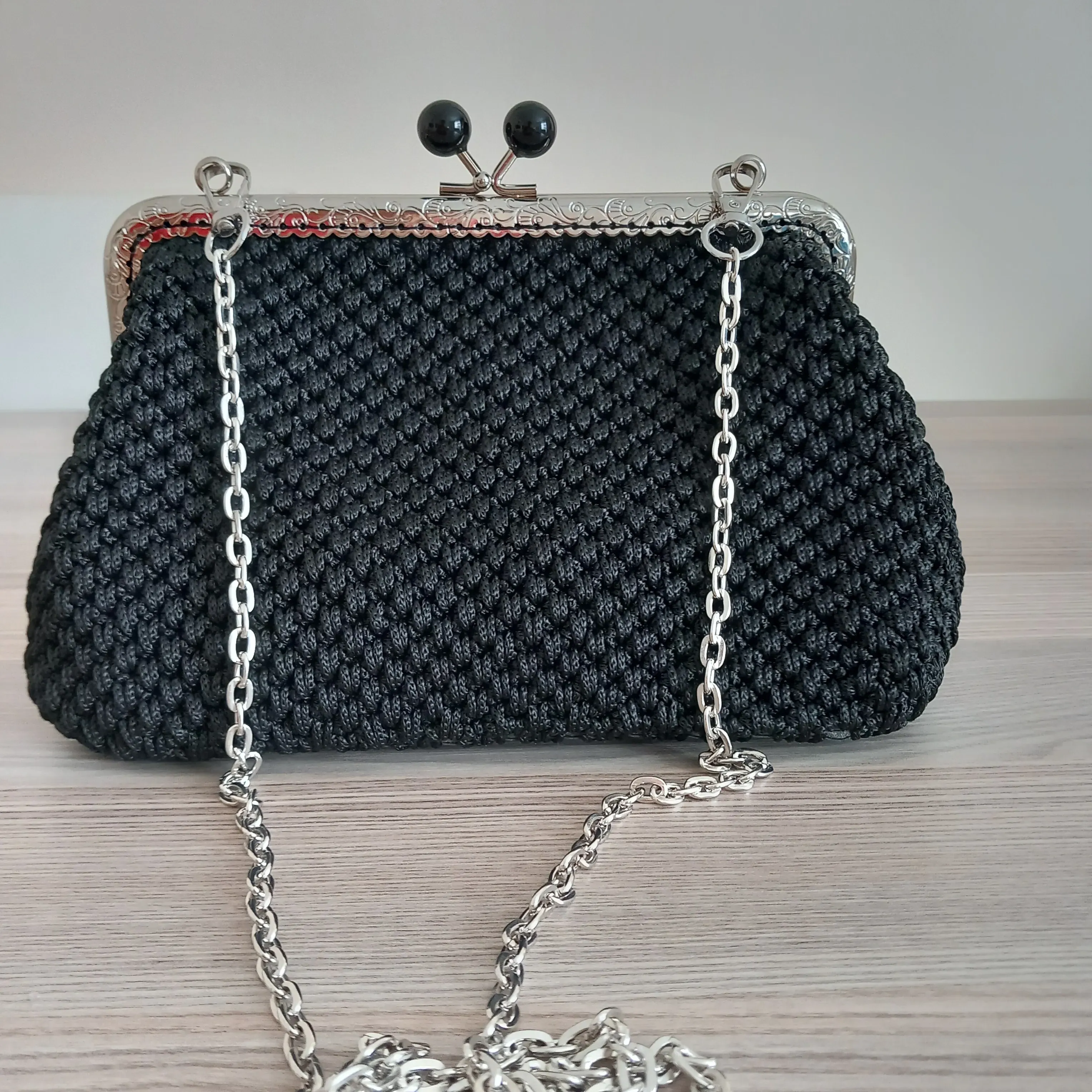 Siyah Makrome Örgü Zincir Askılı Astarli El Yapımı Kadın Çanta