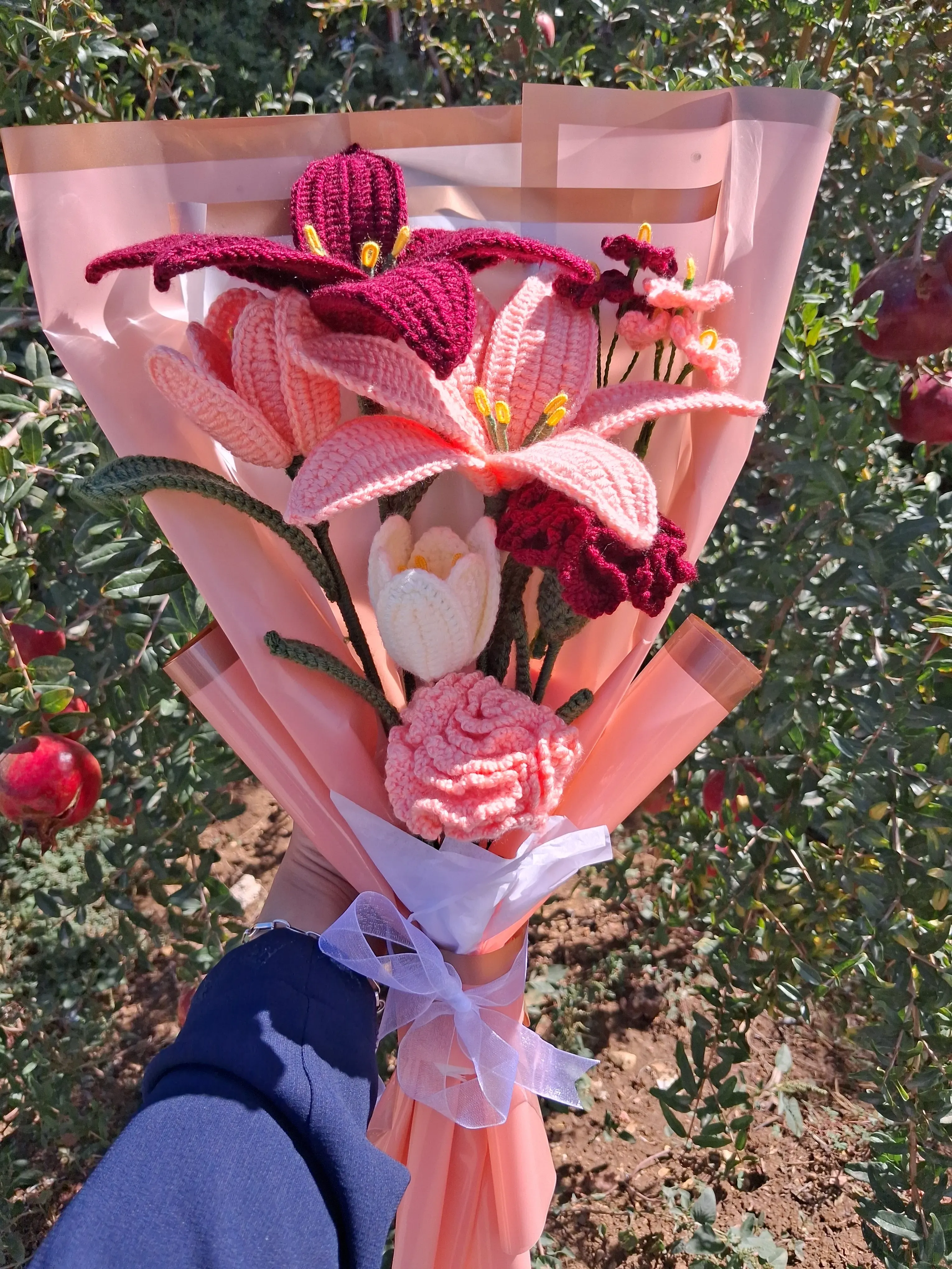 Burgundy and Pink Knitted Flower Bouquet - Handmade Gift