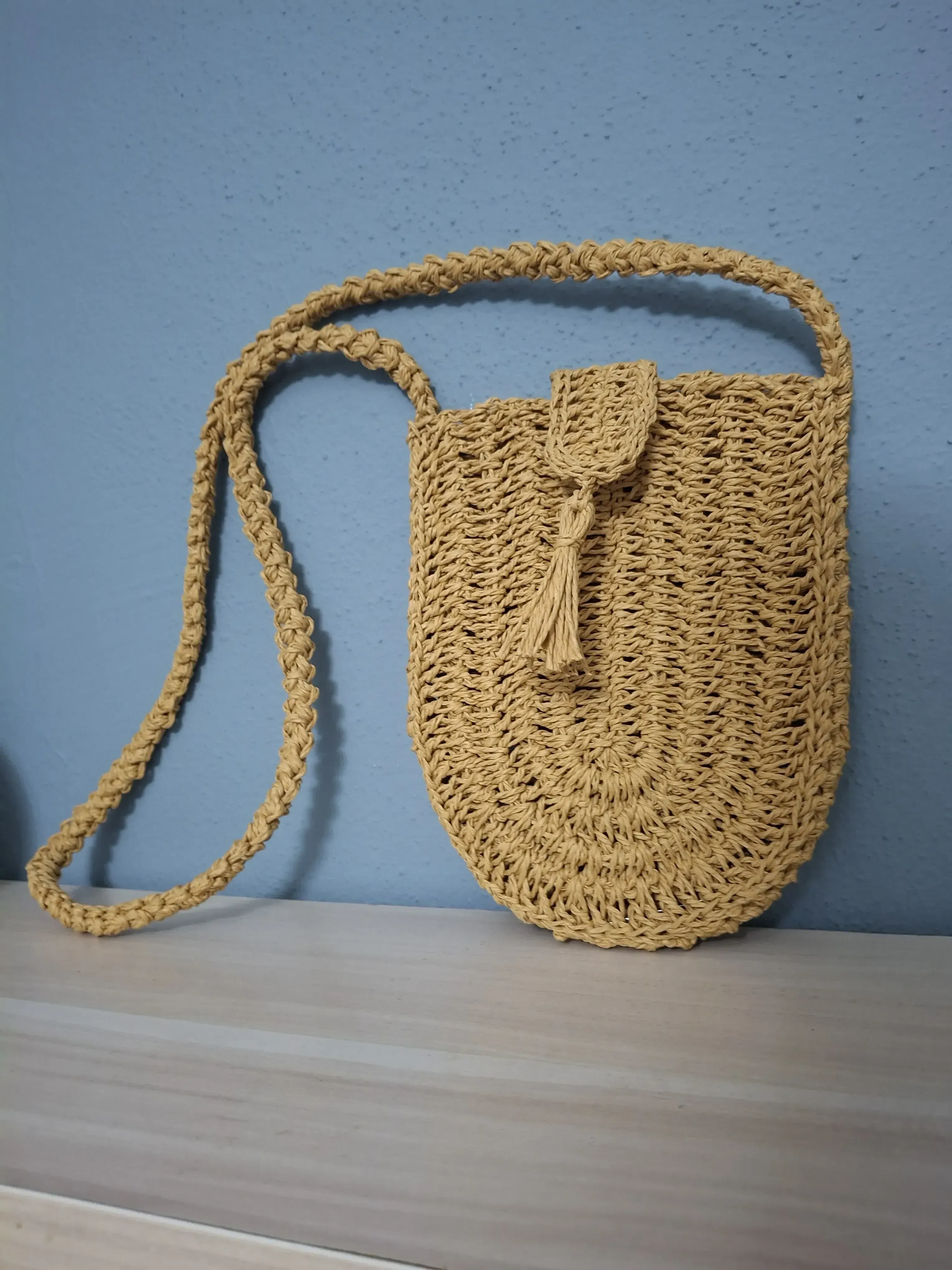 Woven Straw Shoulder Bag - Crossbody with Tassel Detail