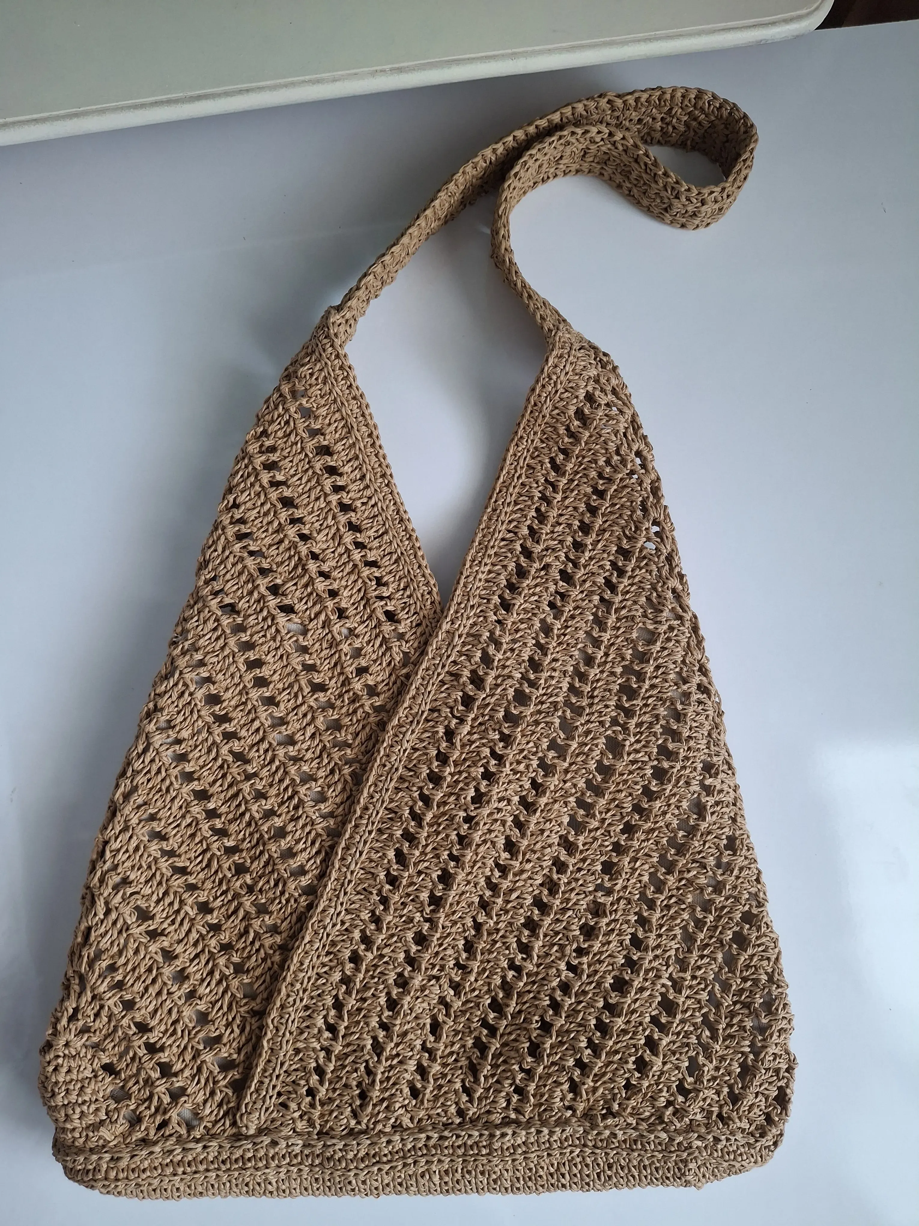 Brown Knitted Shoulder Bag - Lined and Straw Detailed with Pockets