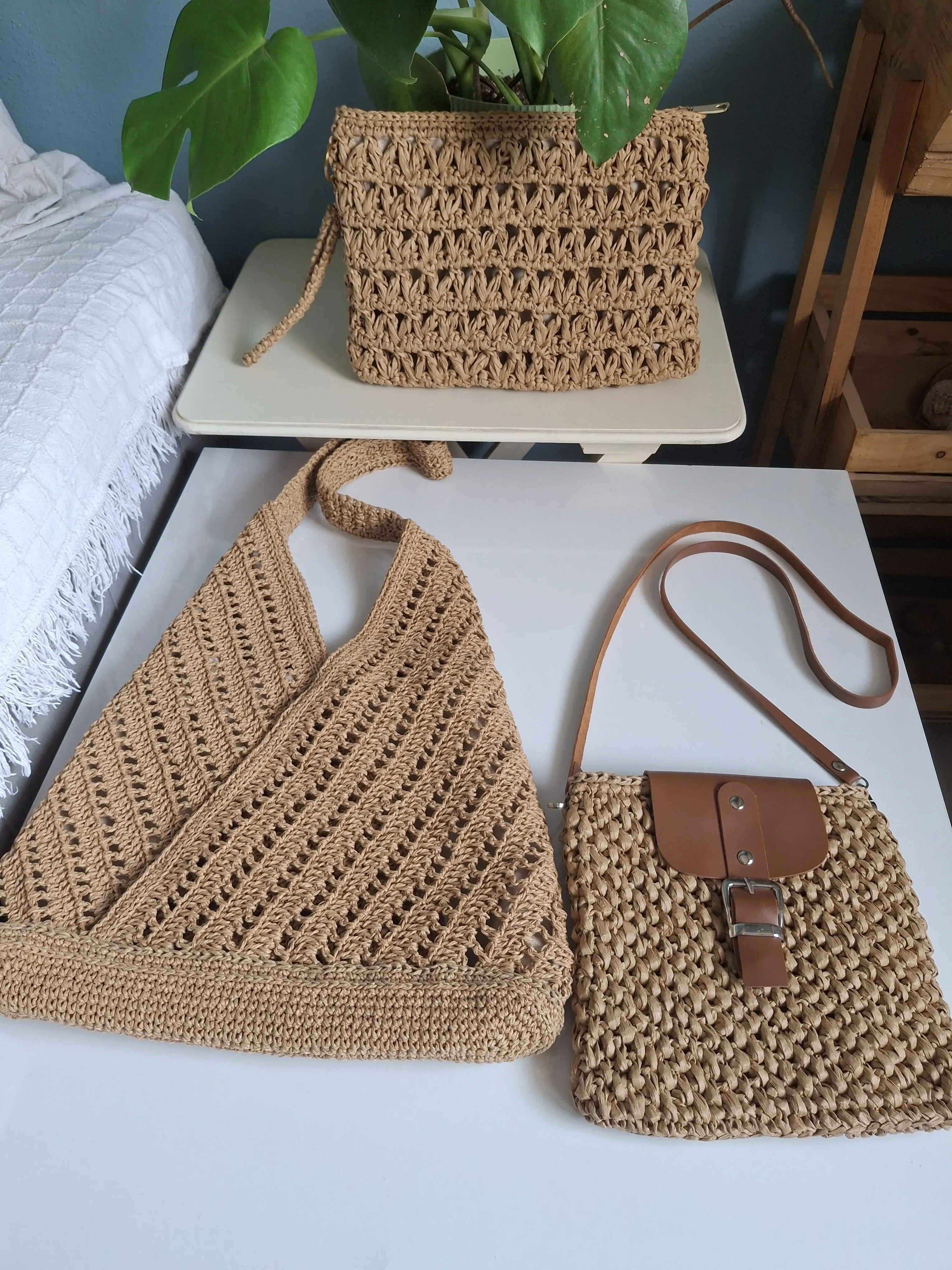 Brown Knitted Shoulder Bag - Lined and Straw Detailed with Pockets