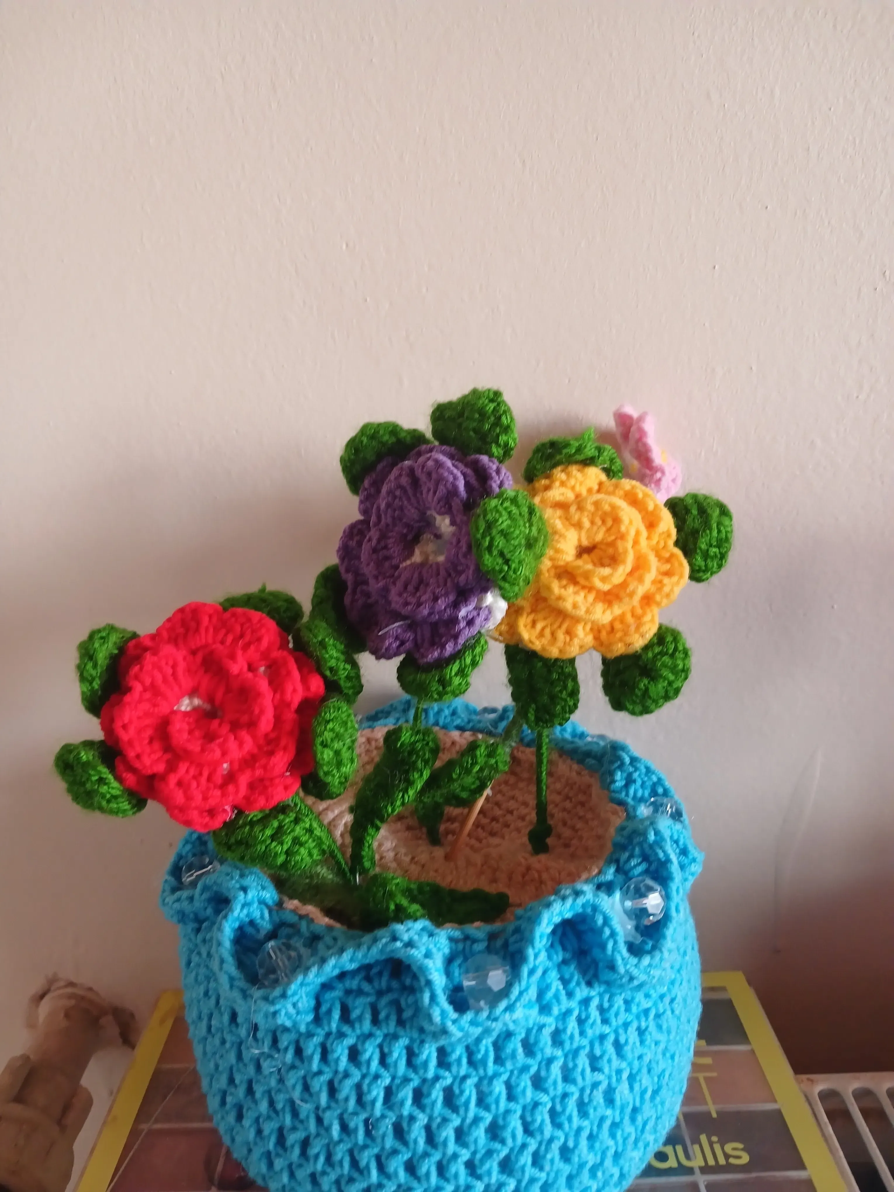 Knitted Flower Bouquet - Colorful Handmade Decorative Flowers in Blue Pot