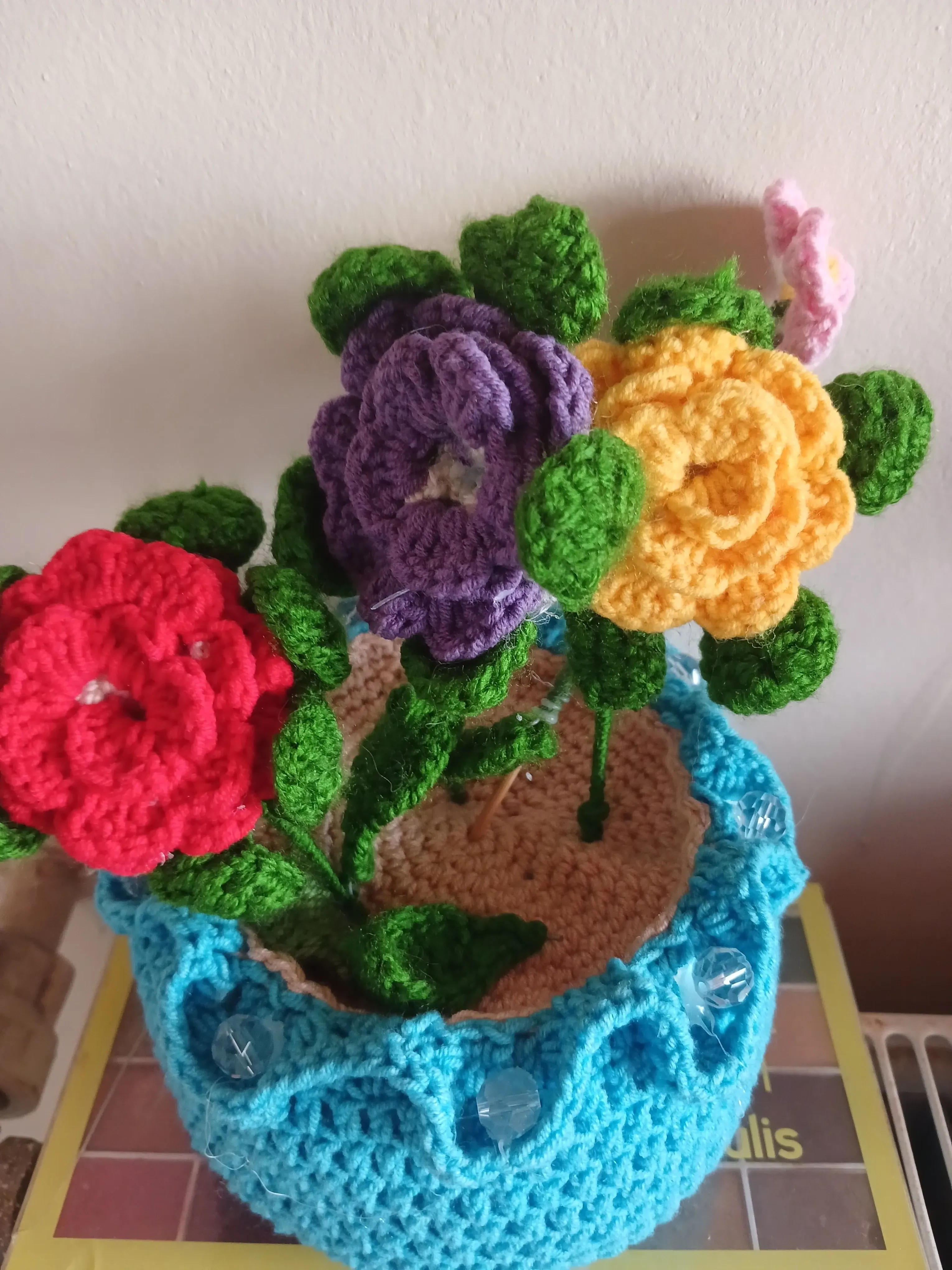 Knitted Flower Bouquet - Colorful Handmade Decorative Flowers in Blue Pot