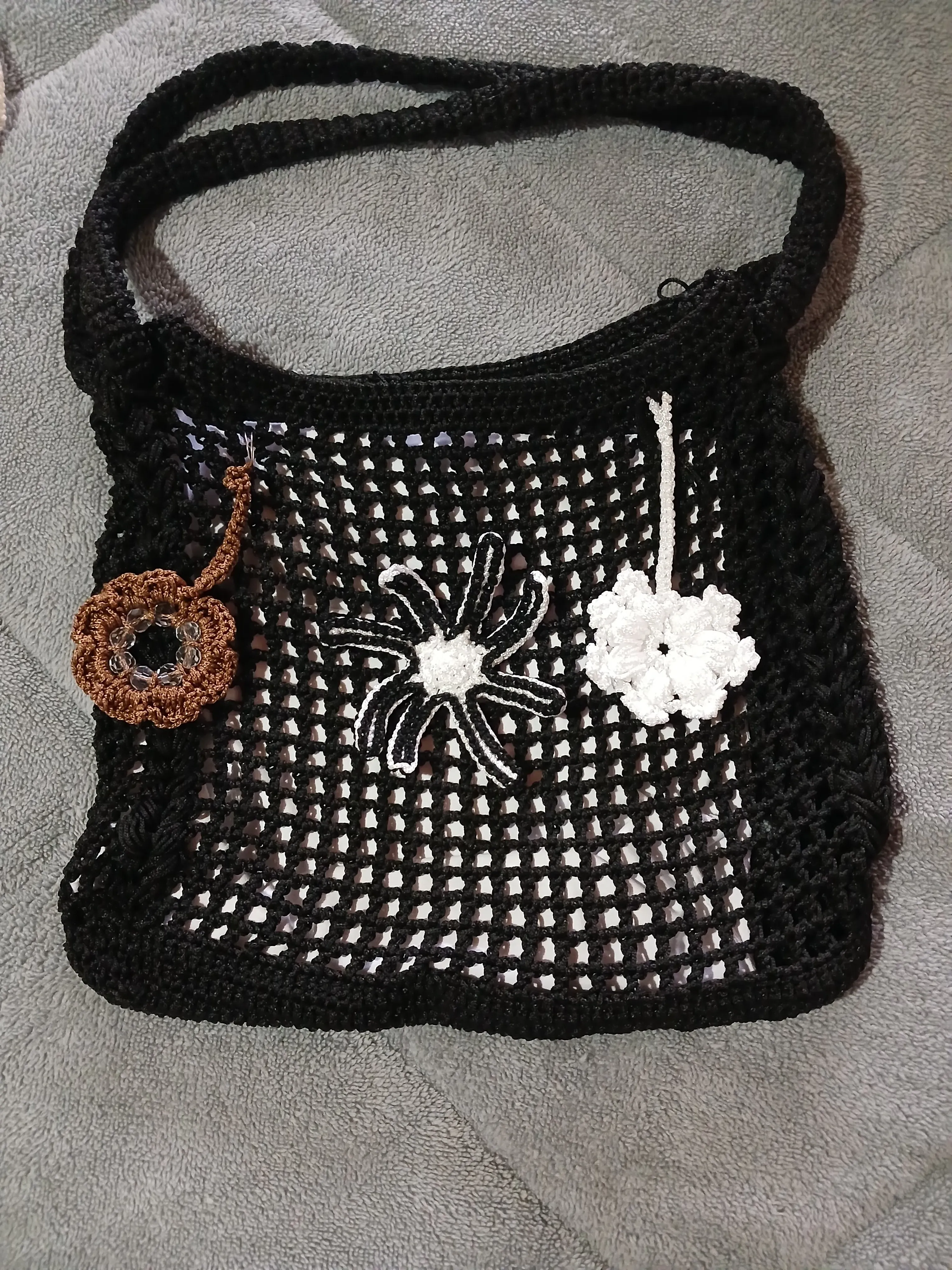 Black Knitted Mesh Bag - Flower Detailed, Stylish and Useful