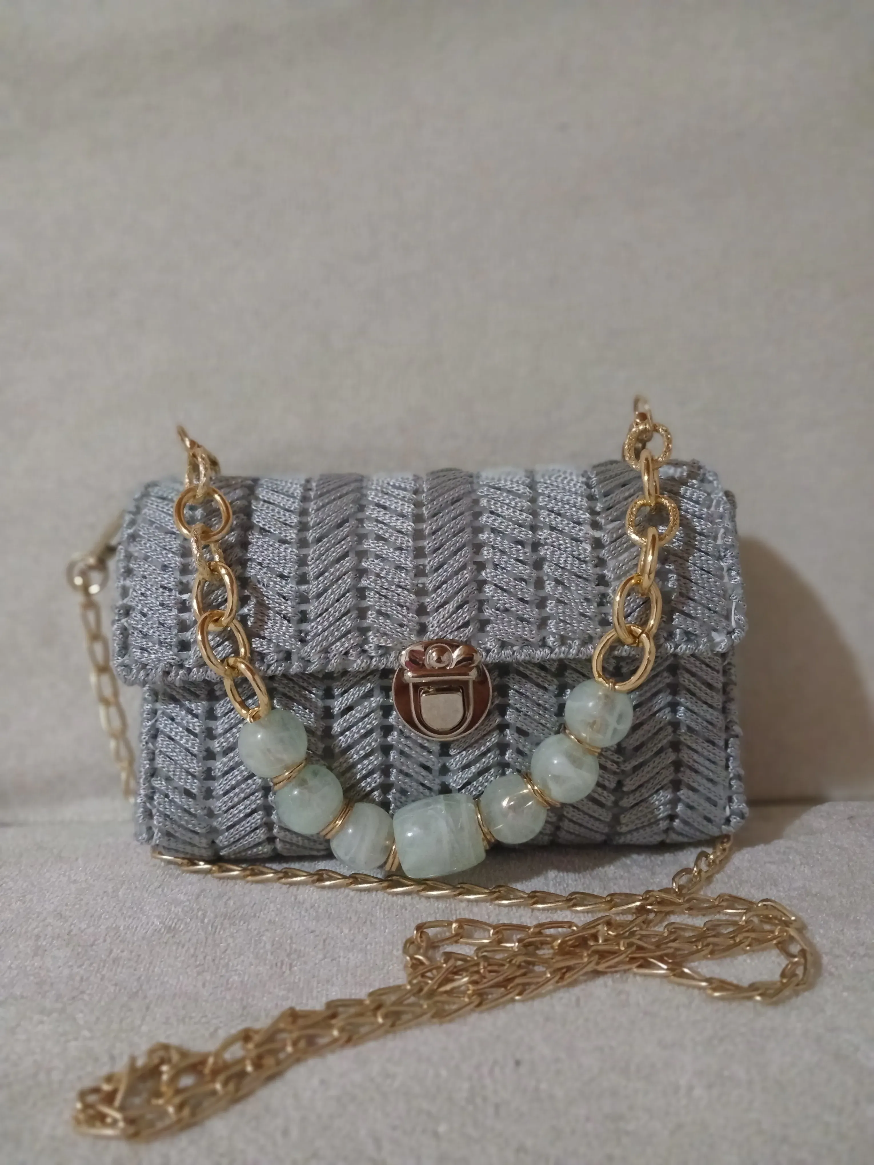 Gray Knitted Pattern Canvas Mini Bag - Chain and Stone Detailed