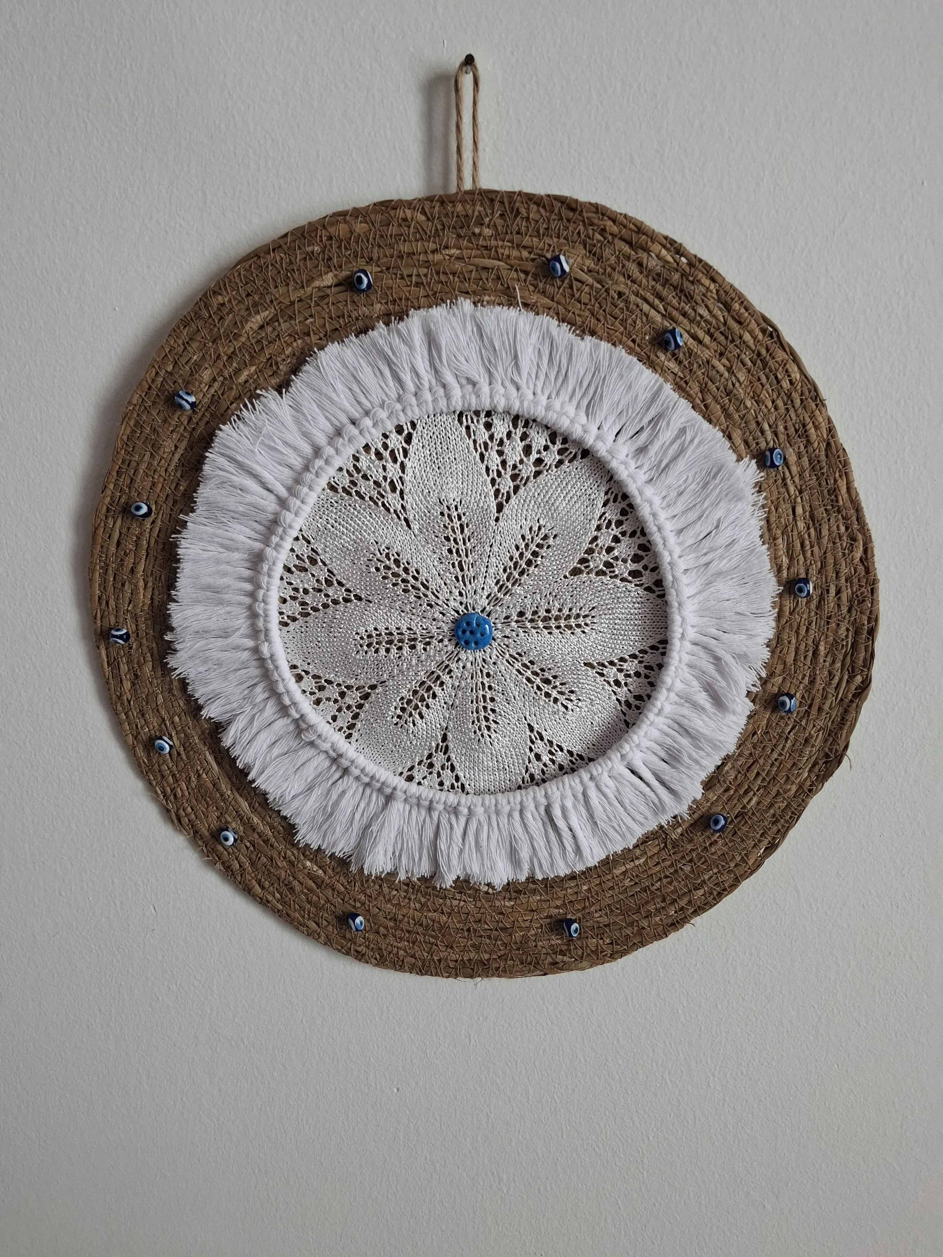 Jüt ve Dantel Detaylı Nazarlıklı Duvar Süsü - El Yapımı Dekoratif