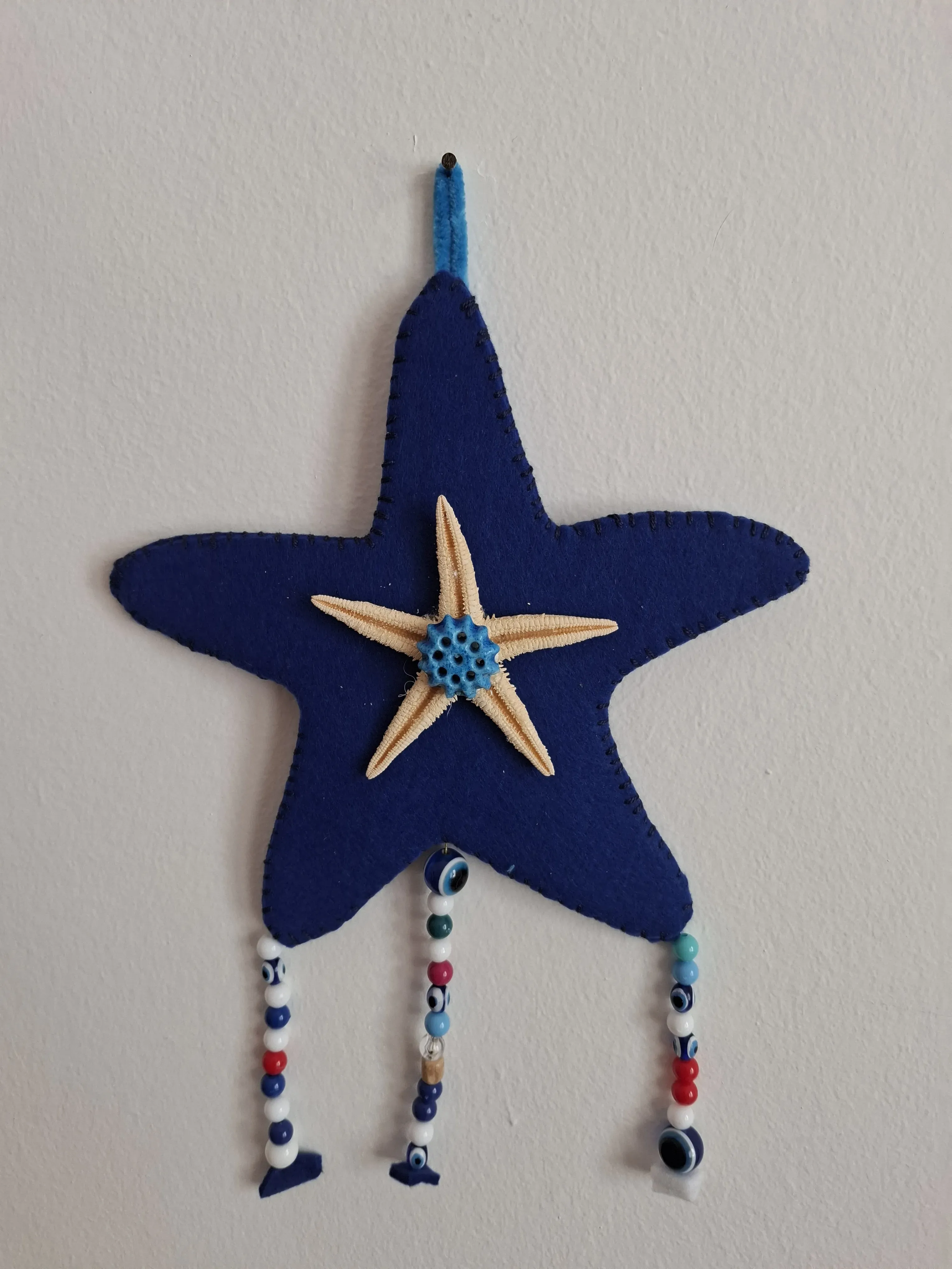 Mavi Keçe Deniz Yıldızı Duvar Süsü Nazar Boncuklu Dekoratif El İşi