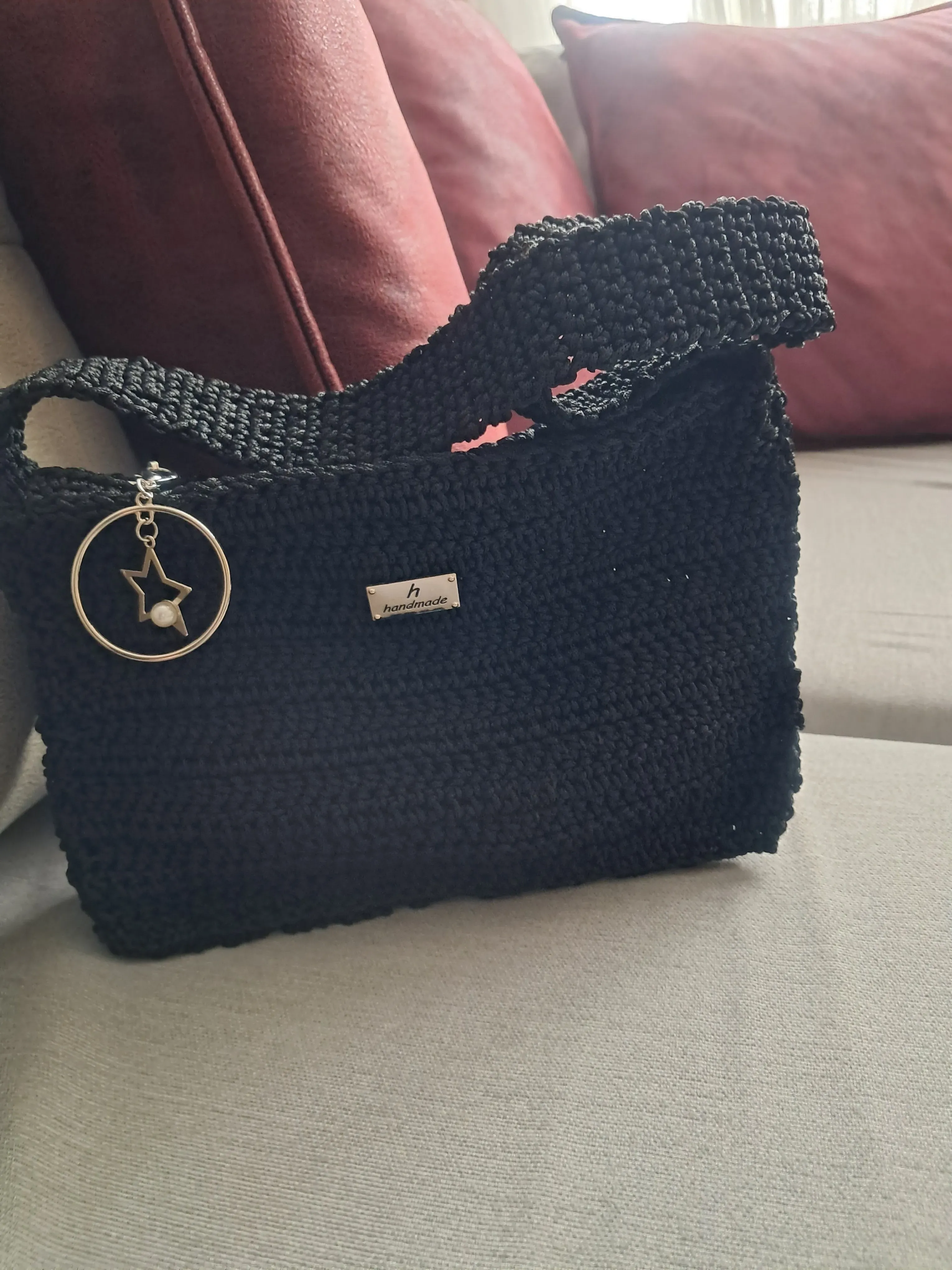 Siyah Örgü Omuz Çantası - Zincir Detaylı, Astarlı - El Emeği