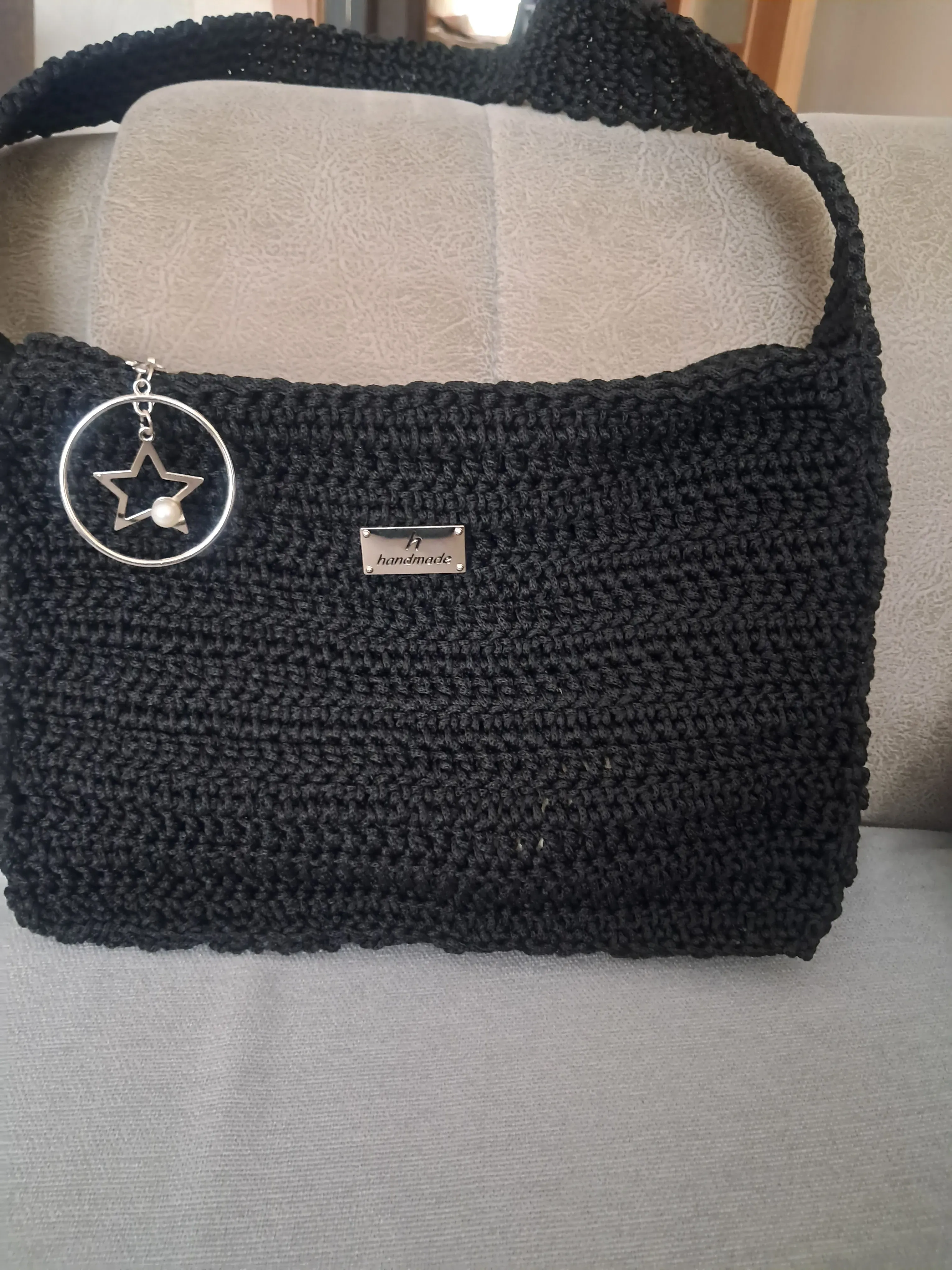 Siyah Örgü Omuz Çantası - Zincir Detaylı, Astarlı - El Emeği