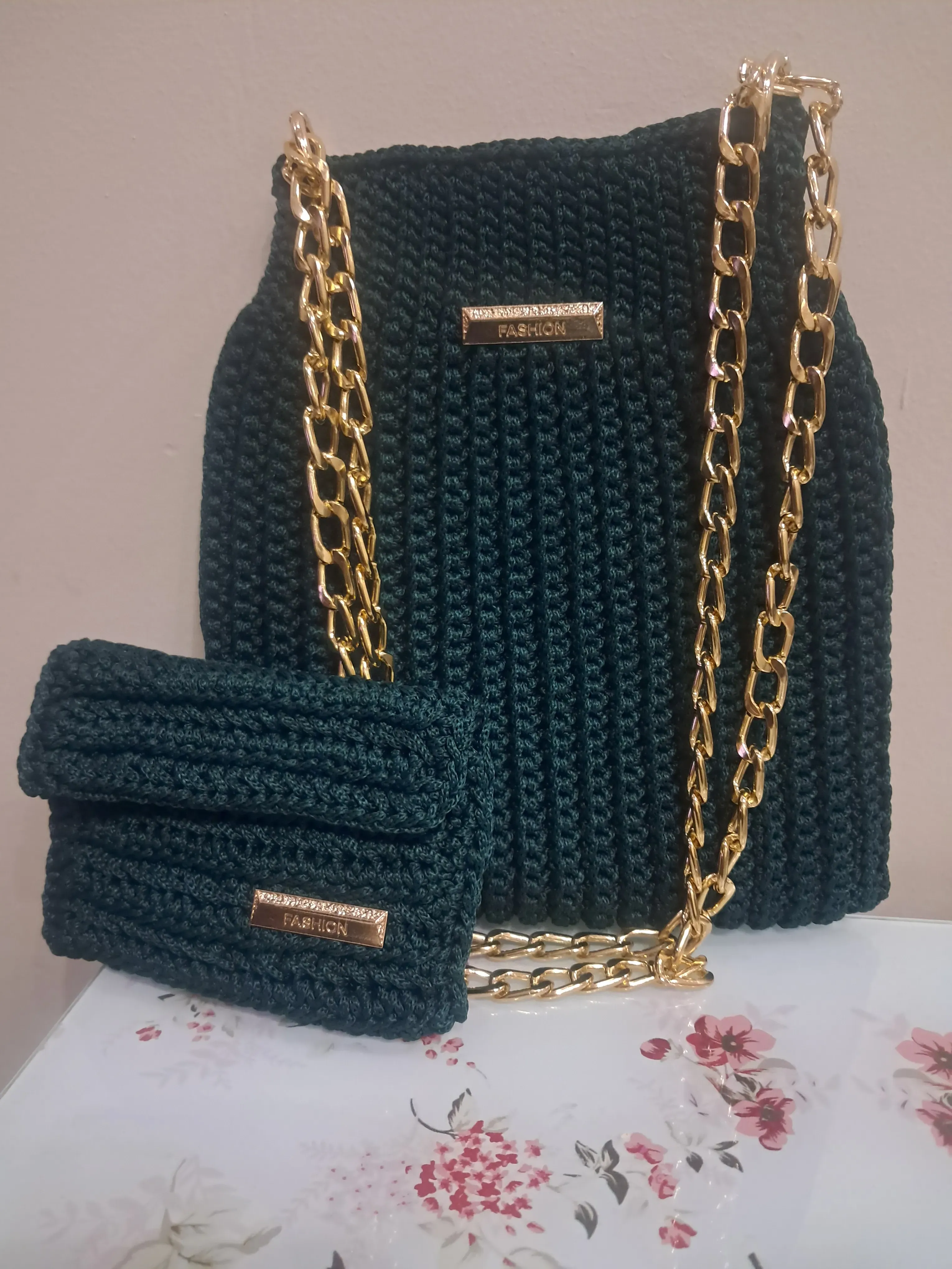 Kadın Yeşil Örgü Omuz Çantası ve Cüzdan Seti - Zincir Detaylı