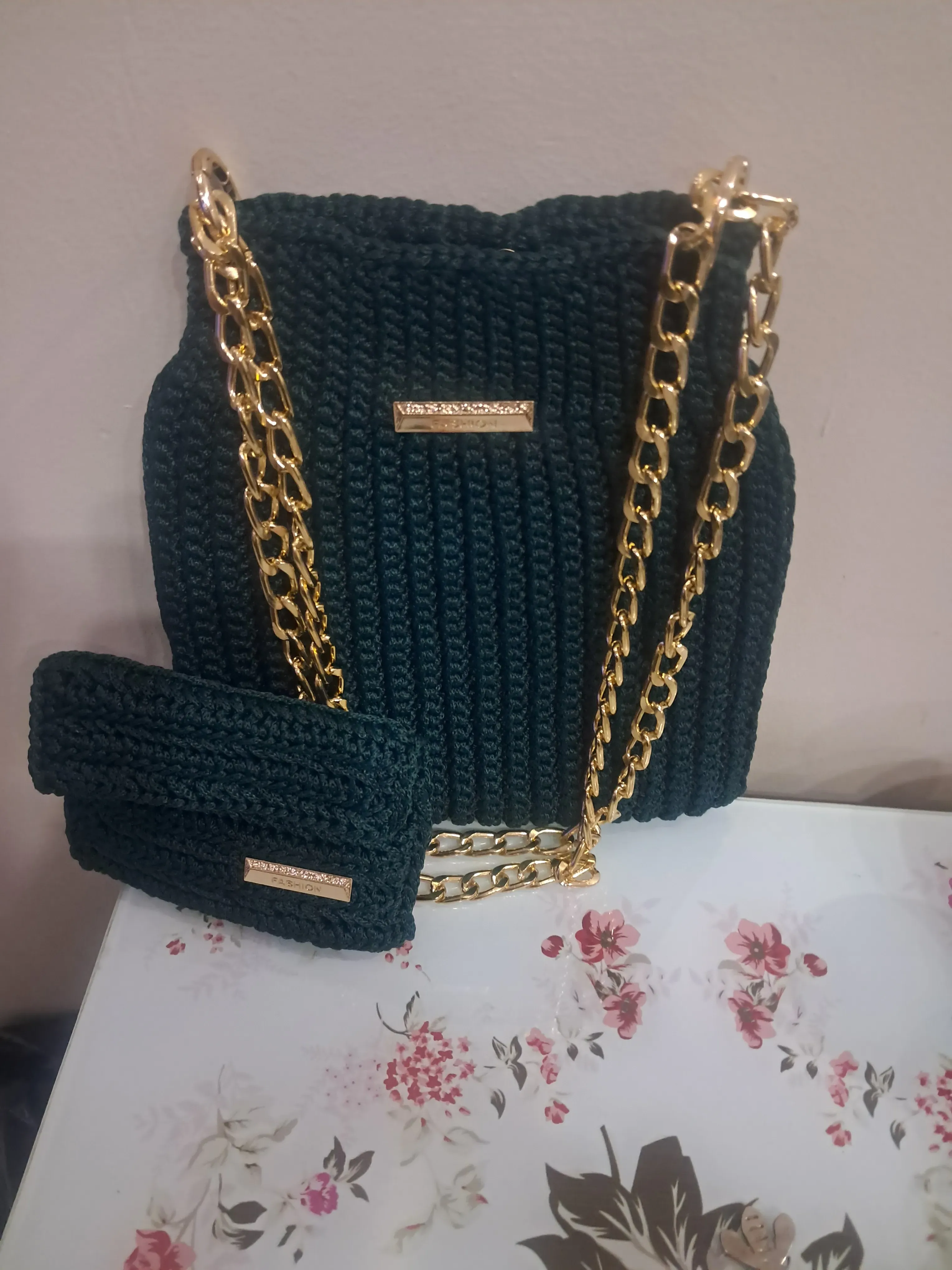 Kadın Yeşil Örgü Omuz Çantası ve Cüzdan Seti - Zincir Detaylı