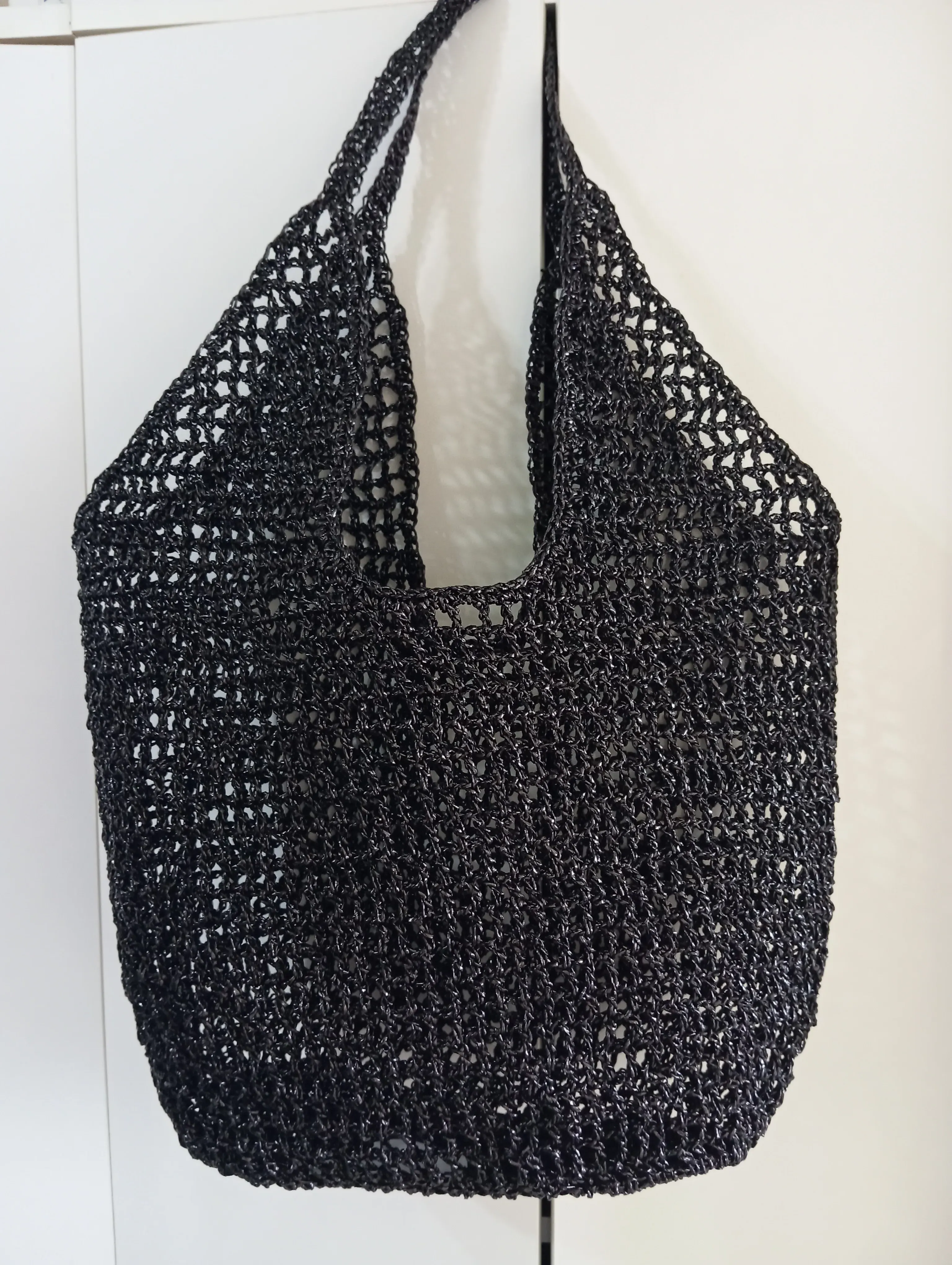 Black Paper Rope Knitted Shoulder Bag - Metelik Model, Handmade